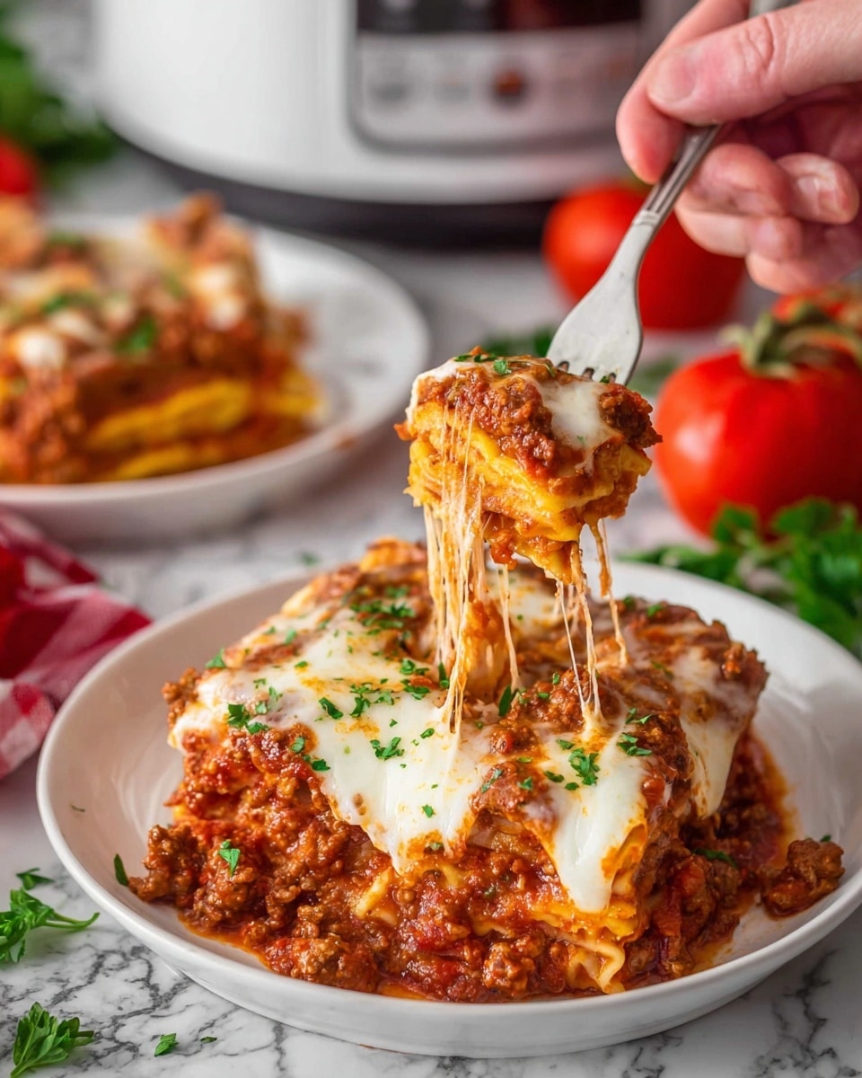 A white plate filled with a layered lasagna featuring three main layers: the bottom layer is bright red tomato sauce mixed with ground meat, the middle layer consists of yellow pasta sheets visible under melted white cheese that stretches as a silver fork holds a forkful of lasagna, and the top layer is a mix of red sauce with browned, bubbly melted cheese sprinkled with green parsley bits. The plate sits on a white marbled surface with blurred tomatoes and another plate of lasagna in the background, and a woman's hand holding the fork from the top right corner. photo taken with an iphone --ar 4:5 --v 7