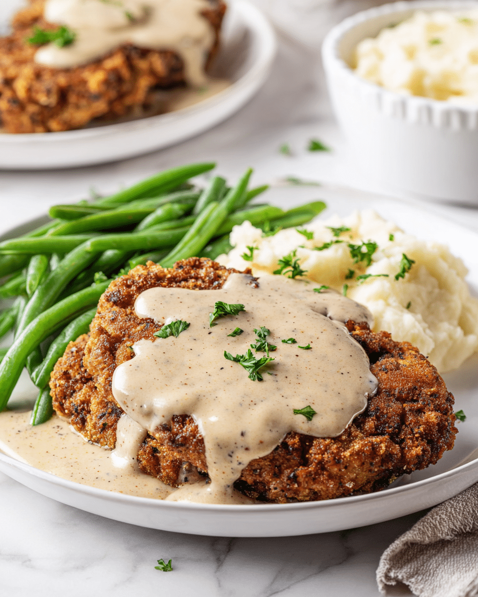 The dish shows two thick, browned fried chicken patties as the bottom layer on a white plate. They have a crispy, rough texture with darker charred spots. Creamy white gravy with black pepper specks is poured over the chicken, dripping down the sides. To the right, there is a scoop of smooth mashed potatoes partly covered by the gravy. To the left and behind the chicken, a neat pile of bright green cooked green beans with some seasoning adds color contrast. Small green parsley leaves are sprinkled on top of the gravy for garnish. The white plate is set on a white marbled surface with another white plate and bowl of mashed potatoes blurred softly in the background. photo taken with an iphone --ar 4:5 --v 7