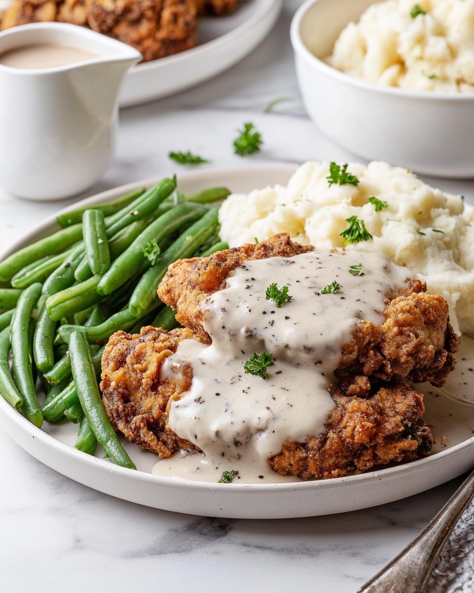 A white plate is filled with three main layers of food: on the left side, bright green steamed green beans with a slightly rough texture; in the center and slightly overlapping the green beans, two pieces of golden-brown fried chicken with a crispy texture, topped with a smooth, creamy white gravy with visible black pepper specks; on the right side, a fluffy pile of white mashed potatoes also covered partially by the creamy gravy. Small green parsley leaves are sprinkled over the chicken and potatoes for garnish. The plate sits on a white marbled surface, and in the background, there is a white bowl of mashed potatoes and a small white gravy pitcher. Photo taken with an iphone --ar 4:5 --v 7