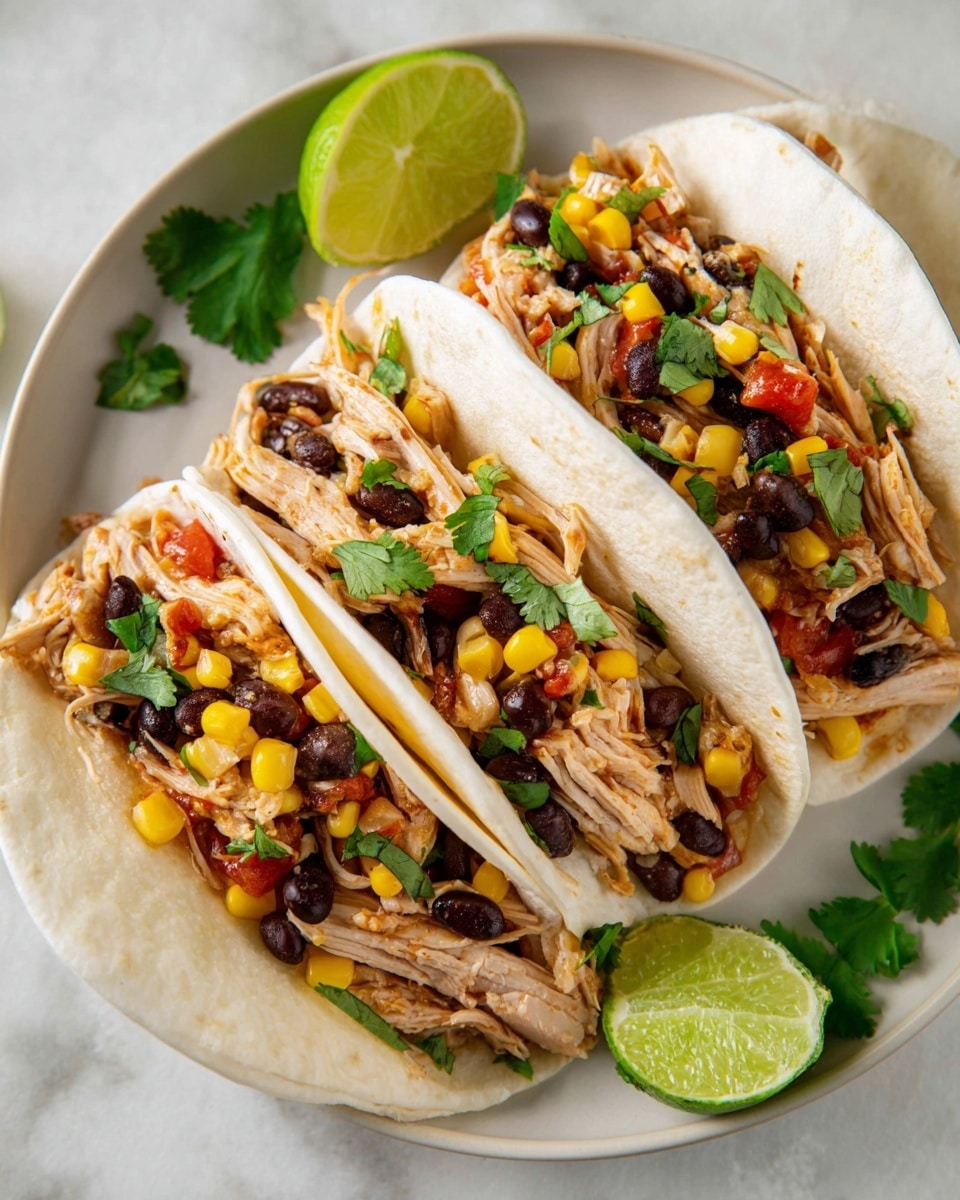 Three soft white flour tortillas are filled with layers of shredded light brown chicken, dark black beans, bright yellow corn kernels, and small pieces of red tomato, all topped with scattered fresh green cilantro leaves. The tacos are placed side by side on a white plate, which sits on a white marbled texture. A fresh lime wedge with a vibrant green peel and juicy light green inside lies next to the tacos, adding a pop of color. Photo taken with an iphone --ar 4:5 --v 7