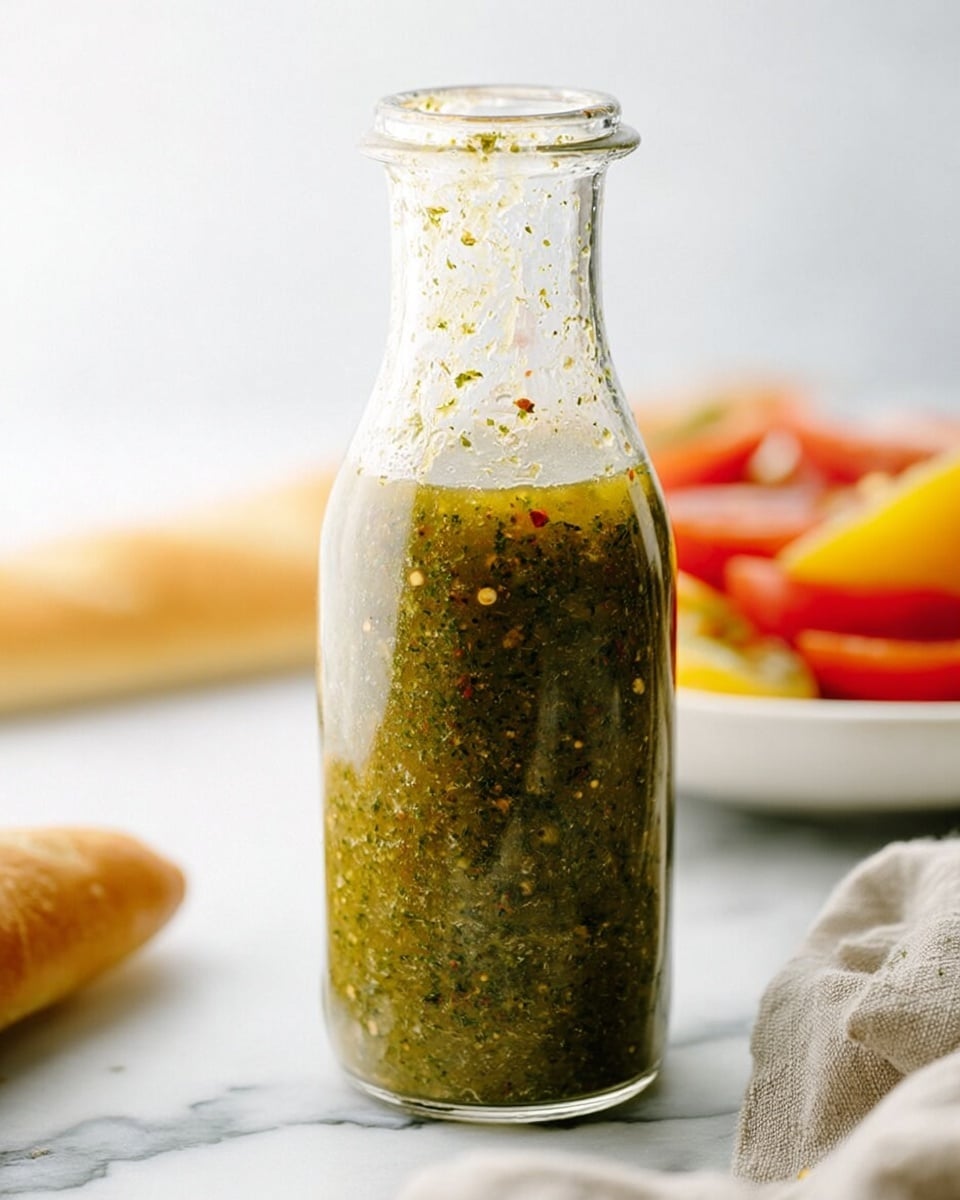 A clear bowl filled with a fresh salad containing several layers: at the bottom, light green lettuce leaves with a crisp texture, scattered with small light brown croutons; above that, bright red tomato slices and thin strips of purple cabbage providing a colorful contrast; mixed among these are glossy black olives and whole yellow pepperoncini peppers. A woman's hand is pouring a greenish herb dressing over the salad from a clear bottle, with some dressing visibly falling toward the tomatoes. The bowl is placed on a white marbled surface. photo taken with an iphone --ar 4:5 --v 7