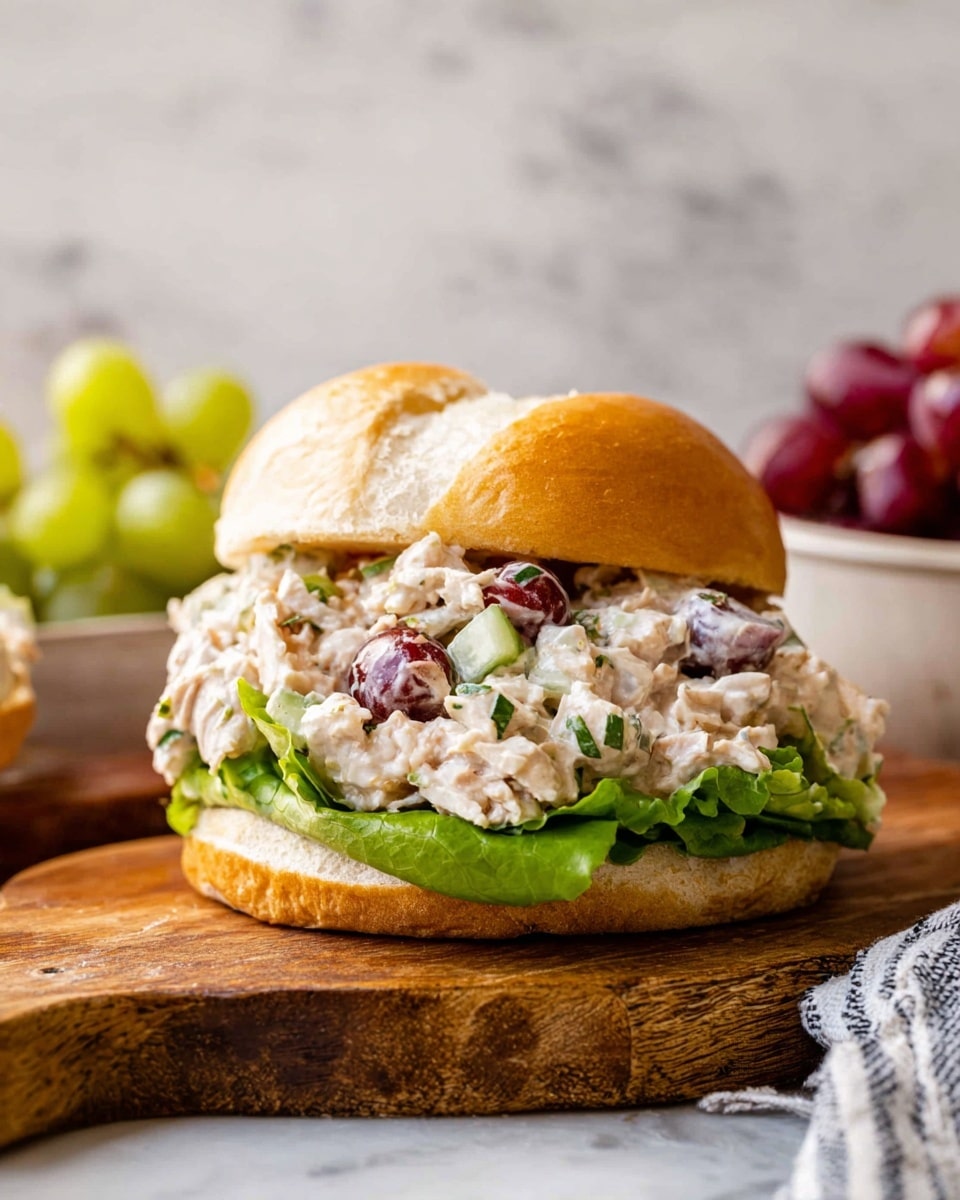 A large white bowl filled with a creamy chicken salad that has several visible layers and mix-ins. The base is a thick white mayo or yogurt dressing interspersed with chunks of light beige shredded chicken, pieces of green celery, and halved red grapes. Small bits of fresh green herbs are scattered throughout, along with a light sprinkling of black pepper on top. A gold and black spoon is partially buried in the salad on the right side of the bowl. The bowl sits on a white marbled surface with small bowls of grapes and celery in the blurred background. photo taken with an iphone --ar 4:5 --v 7