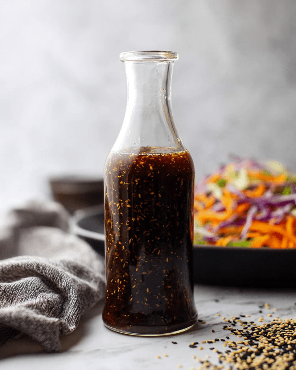 A tall, clear glass bottle filled with dark brown sauce that has visible sesame seeds floating throughout, placed on a white marbled surface. To the left, a soft gray cloth is casually folded, and to the right, scattered black and golden sesame seeds spread across the surface. In the blurred background, there is a shallow black dish filled with a colorful salad made up of shredded orange, purple, and light green vegetables. The photo taken with an iphone --ar 4:5 --v 7