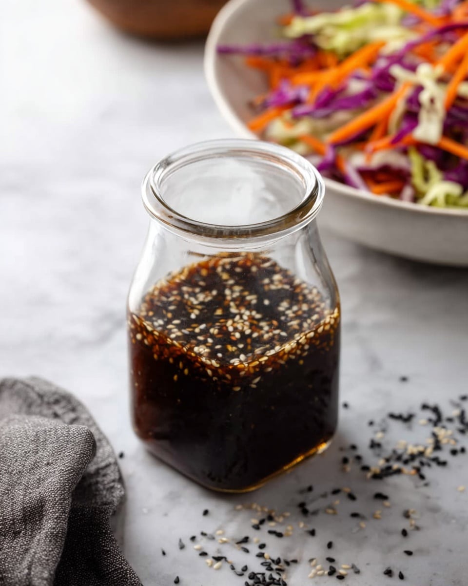 A clear glass jar filled with dark brown sauce mixed with floating white and black sesame seeds sits on a white marbled surface. Around the jar, scattered black and white sesame seeds add texture and detail. In the background, a white bowl filled with a colorful salad of shredded purple cabbage, orange carrot strips, and green cabbage pieces is slightly blurred. The scene is softly lit, showing a part of a gray cloth napkin on the surface near the jar. Photo taken with an iphone --ar 4:5 --v 7