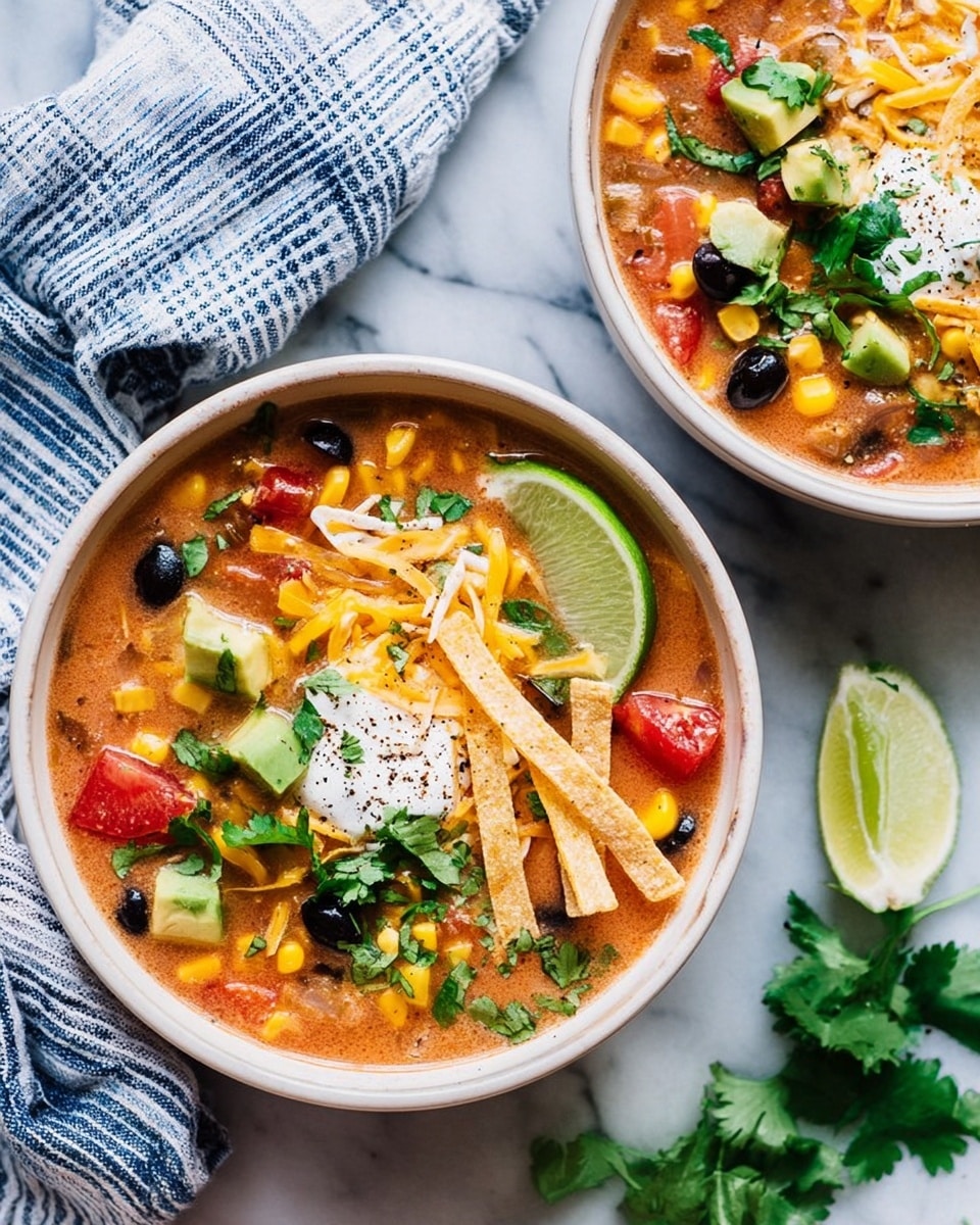 A close-up of a thick soup inside a light blue pot with a white inside, filled with a reddish-brown broth. The soup contains visible layers of finely shredded chicken, small yellow corn kernels, black beans, chunks of green avocado, bits of red tomatoes, and green herbs sprinkled throughout. A metal ladle lifts a spoonful of the soup, showing the mix of colors and textures clearly, with juicy and chunky ingredients. The background surface is a white marbled texture. photo taken with an iphone --ar 4:5 --v 7