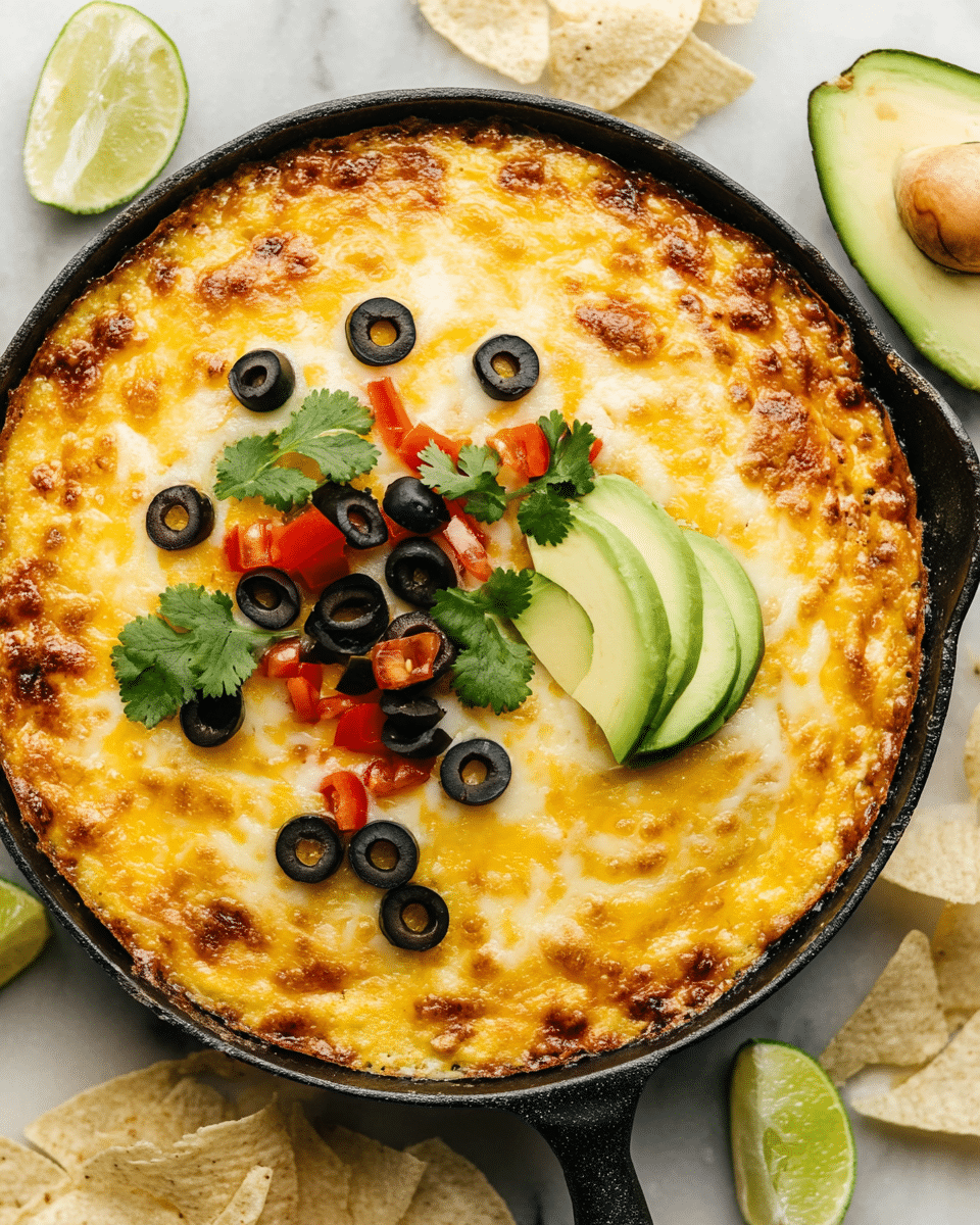 A round skillet filled with a golden, melted cheese layer that covers the entire surface with a bubbly, slightly browned texture around the edges; on top, one side is decorated with a few bright green cilantro leaves, several black olive slices, small pieces of red tomato, two slices of light green avocado, and a lime wedge placed near the center edge. The skillet rests on a white marbled surface with a few white tortilla chips and lime wedges scattered around, along with a halved avocado. photo taken with an iphone --ar 4:5 --v 7