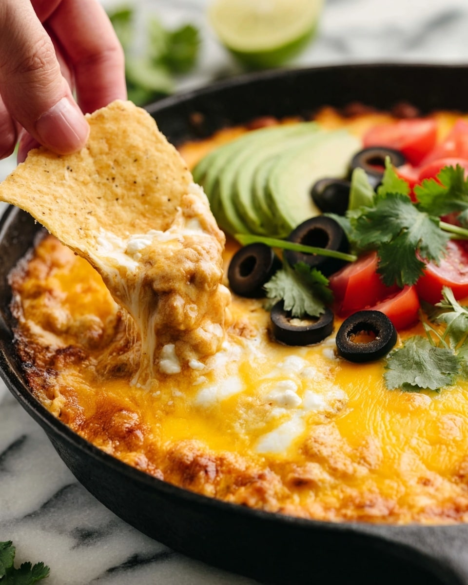 A close-up image shows a woman's hand dipping a light yellow, slightly textured tortilla chip into a skillet filled with melted cheese dip. The dish has a thick base layer of golden melted cheddar and white cheese, with a slightly bubbly texture on the edges. On the right side, there are fresh colorful toppings including bright green avocado slices, black olive rings, small chunks of red tomatoes, and sprigs of fresh green cilantro. A lime wedge is tucked in near the toppings, adding a pop of vibrant green. The skillet is black and placed on a white marbled surface. The photo taken with an iphone --ar 4:5 --v 7