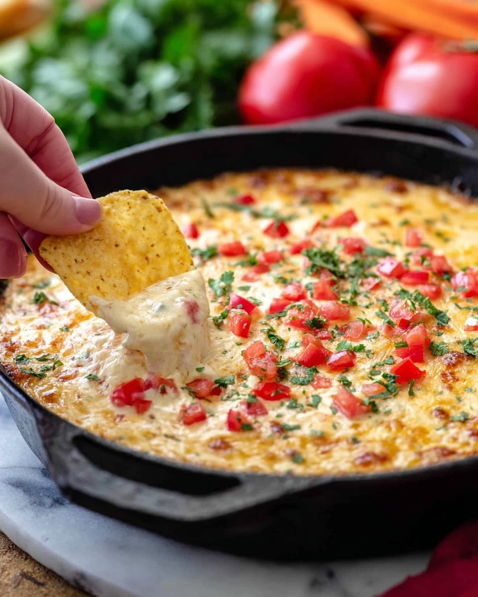 The image shows a black skillet filled with a creamy, melted cheese dip that looks smooth and golden brown with a slightly bubbly texture on top. On the surface of the cheese dip, there are bright red diced tomatoes and small pieces of green parsley scattered evenly. A woman's hand is dipping a round, crunchy, light-yellow tortilla chip into the cheesy layer near the center of the skillet. The entire scene is set on a white marbled surface with a blurred background of fresh vegetables visible. photo taken with an iphone --ar 4:5 --v 7