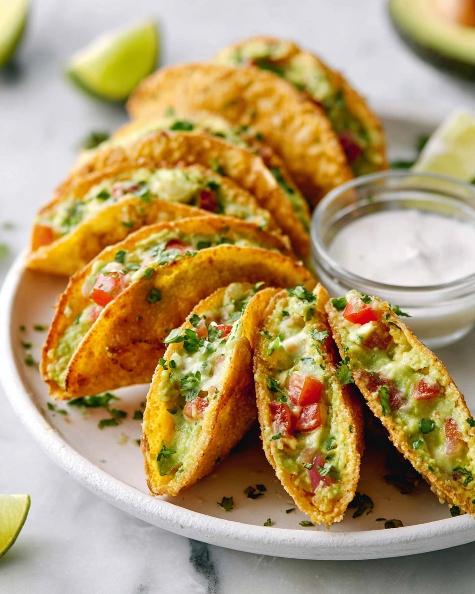 The image shows a white plate filled with several golden-brown fried taco shells cut into halves, each stuffed with a creamy green mixture of avocado, chopped red tomatoes, green herbs, and small pieces of white cheese. The tacos are layered unevenly, showing the smooth, rich filling contrasted with the crispy textured outer shell. A small glass bowl with white dipping sauce is placed on the plate next to the tacos. The plate is set on a white marbled surface with some lime wedges scattered around and a blurred avocado half in the background. photo taken with an iphone --ar 4:5 --v 7