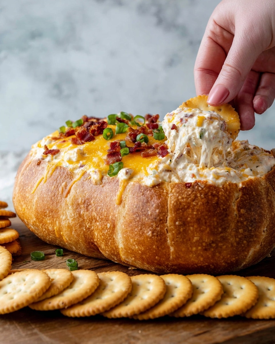A thick bread bowl with a golden brown crust is filled with a creamy, cheesy dip topped with melted cheddar cheese, small red bacon bits, and green onion slices scattered on top. In front of the bread bowl, there is a line of round golden crackers on a wooden surface. A woman's hand is holding one cracker dipped in the white and cheesy dip. The background is a white marbled texture. Photo taken with an iphone --ar 4:5 --v 7