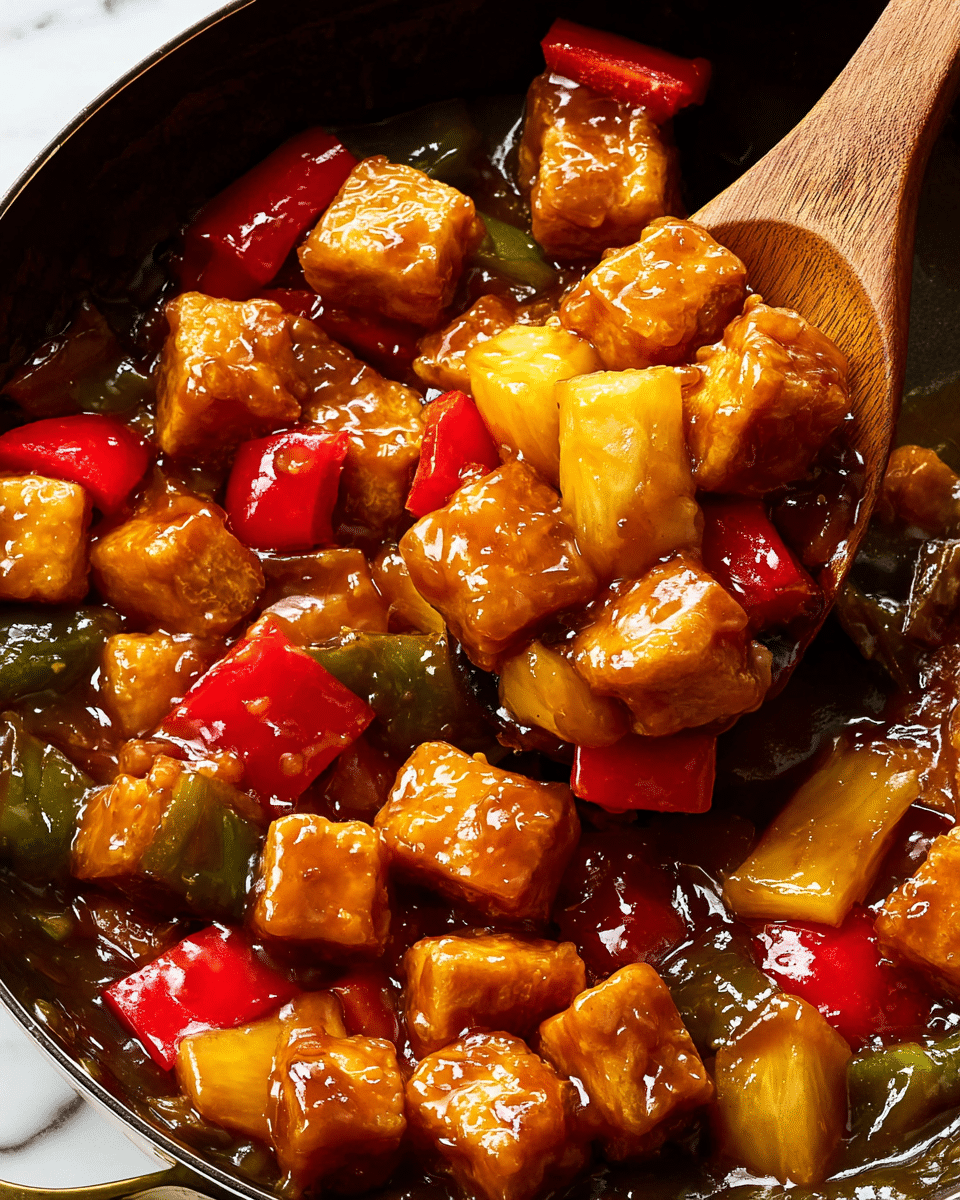 The image shows golden brown tofu cubes coated in a shiny, thick, amber-colored sauce. Mixed with the tofu are vibrant pieces of red and green bell peppers and yellow pineapple chunks, creating a colorful mix. The food is in a dark cooking pan, and a wooden spoon lifts some tofu cubes and vegetables covered in sauce. The sauce looks sticky and glossy, covering every piece. The background is a white marbled texture. photo taken with an iphone --ar 4:5 --v 7