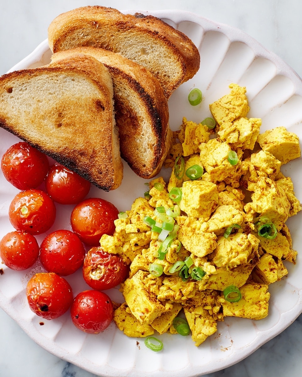 A white scalloped plate holds a breakfast with three parts: two toasted golden-brown bread slices stacked on the upper left, a cluster of five roasted, shiny red cherry tomatoes with slight char marks placed at the bottom left, and a large portion of yellow scrambled tofu mixed with green onion slices covering the right side. The white marbled background provides a clean, bright setting for the dish. photo taken with an iphone --ar 4:5 --v 7
