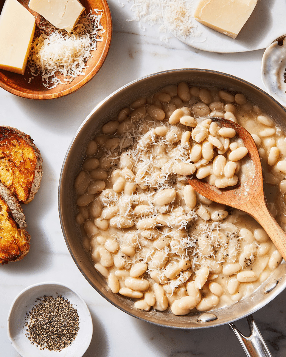 A close-up view of a stainless steel pan filled with creamy white beans in a light beige sauce, sprinkled with finely grated white cheese and specks of black pepper. A wooden spoon rests inside the pan on the right side, scooping some beans. To the top left, a small wooden bowl holds more grated cheese and a chunk of hard cheese. Near the bowl is a piece of golden-brown toasted bread with a crunchy texture. On the bottom left, a small white plate contains a mix of crushed black pepper and salt. All items are placed on a clean white marbled surface. photo taken with an iphone --ar 4:5 --v 7