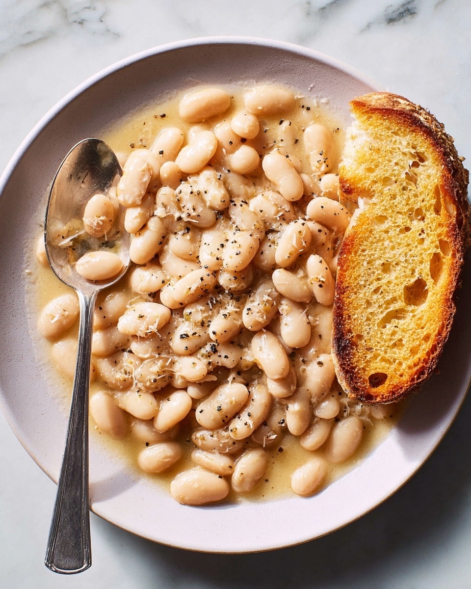 A round white plate shows a dish of creamy white beans in a light beige sauce, with some black pepper sprinkled on top. The beans are soft and plump, covering most of the plate's surface. A piece of toasted golden-brown bread with a crunchy texture is placed on the right side of the plate, partially resting on the beans. A silver spoon, holding some beans and sauce, lies on the left side of the plate, angled slightly toward the center. The plate sits on a white marbled surface with faint grey veins. Photo taken with an iphone --ar 4:5 --v 7