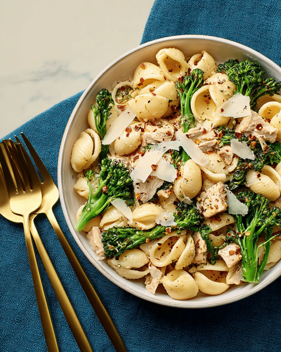 A close-up of a bowl filled with pasta shells that are cream-colored and smooth, mixed with bright green broccolini and pieces of browned chicken. Thin shavings of white cheese are scattered on top, along with a sprinkle of black pepper and red chili flakes. The bowl, white inside, sits on a blue cloth on a white marbled surface, with three gold forks placed to the left on the same surface. The overall look is warm and fresh, with a soft light highlighting the textures of the pasta and vegetables. photo taken with an iphone --ar 4:5 --v 7