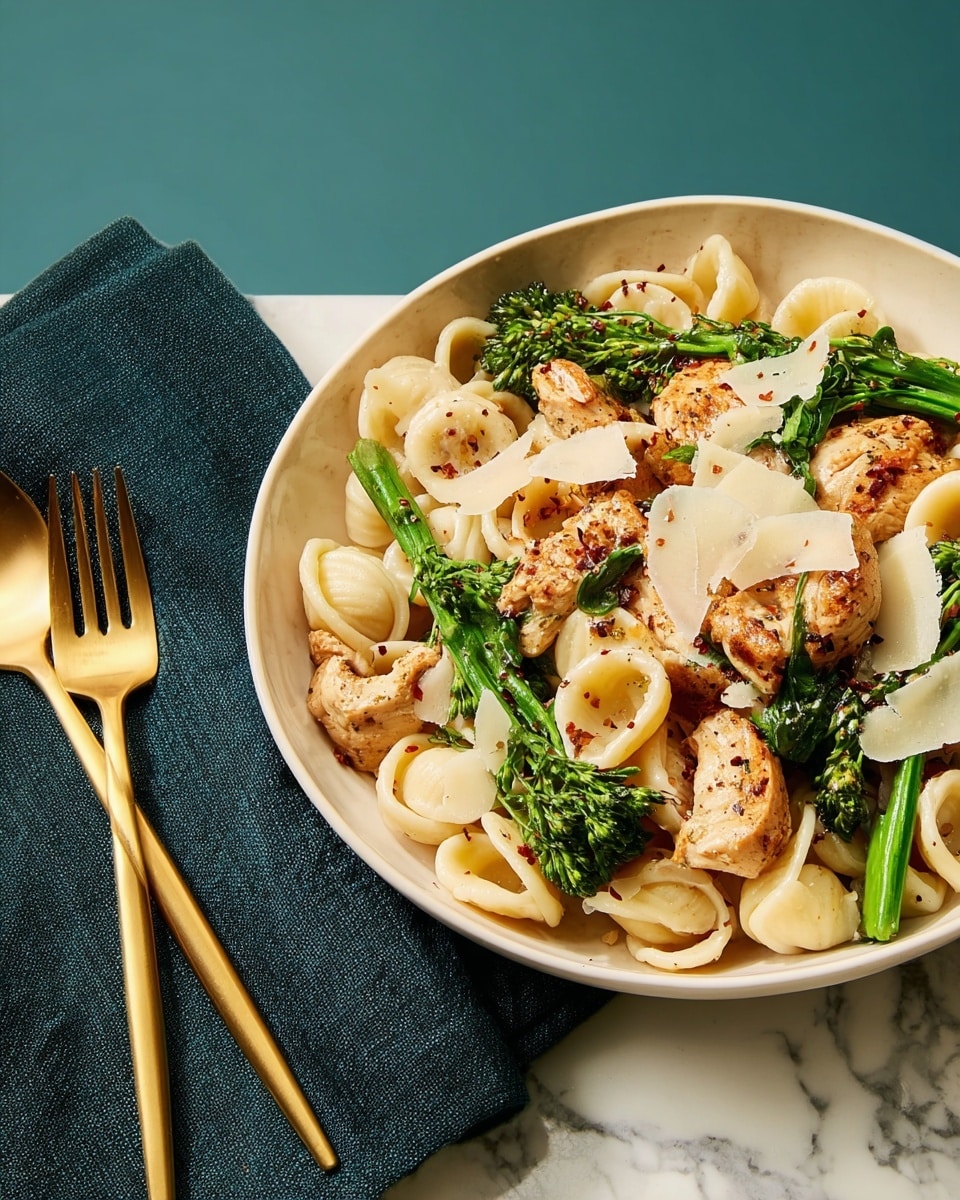 The dish shows a shallow white bowl filled with three main layers: at the bottom, there is a layer of light cream-colored orecchiette pasta with a smooth, slightly ridged texture; scattered on top are small, golden-brown grilled chicken pieces with a slightly crispy outside; and mixed throughout and on top are bright green broccolini with a fresh, slightly glossy look. Thin shavings of pale ivory cheese are spread on top, along with black pepper and red pepper flakes giving small dots of dark brown and red. The bowl rests on a dark teal cloth on a white marbled surface, with three golden forks placed to the left side of the bowl. photo taken with an iphone --ar 4:5 --v 7