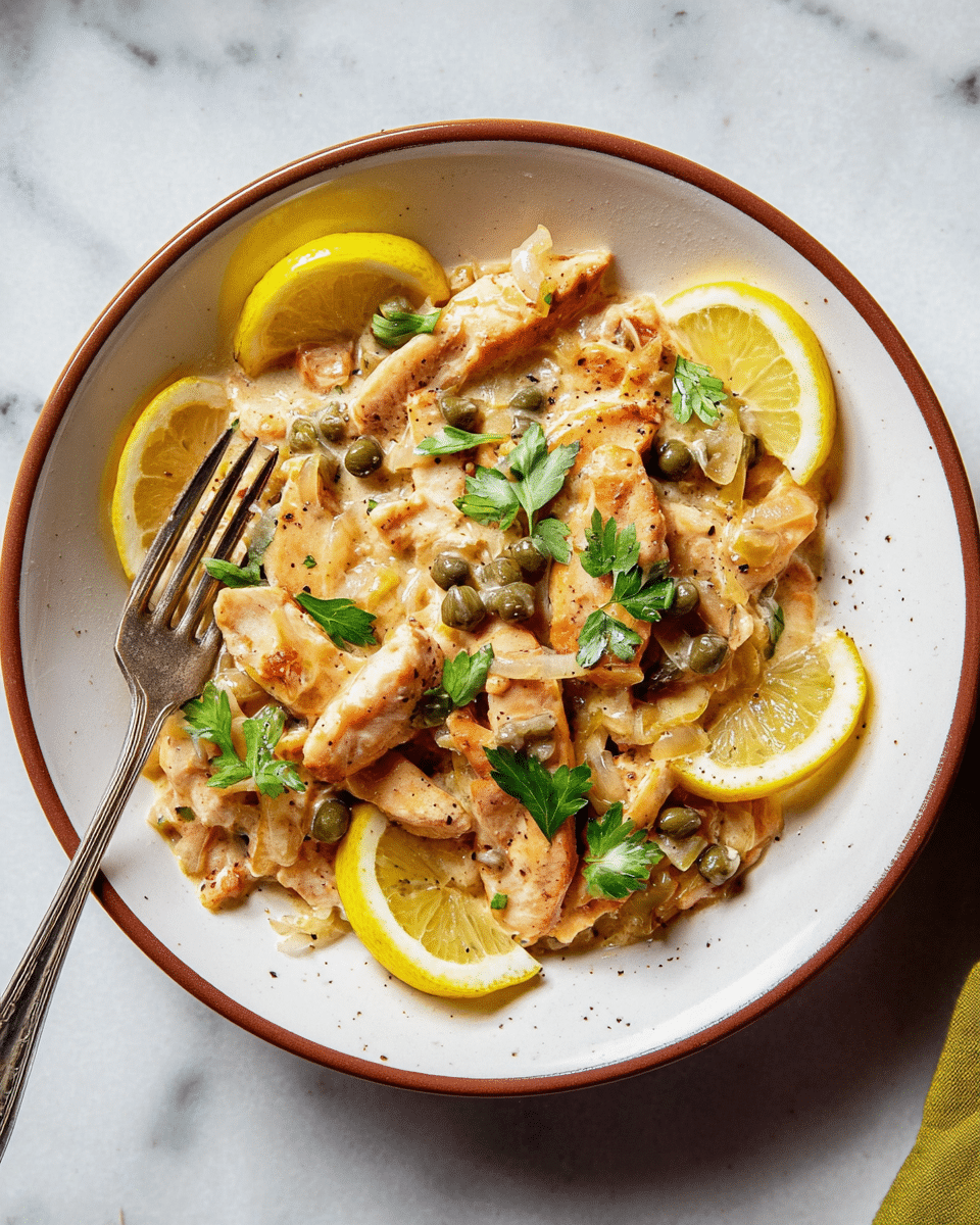 A white plate with a brown rim holds a dish made of several layers: the base layer is creamy light beige sauce mixed with small pieces of cooked onions, over which there are light brown cooked chicken strips scattered evenly. On top, there are bright yellow lemon slices placed around the dish, along with small green capers and fresh green parsley leaves adding color. A slightly old silver fork is resting on the left side of the plate, which is set on a surface with a white marbled texture. The food looks warm and rich with a creamy texture and some specks of black pepper sprinkled for seasoning. photo taken with an iphone --ar 4:5 --v 7