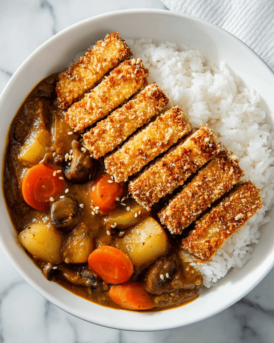 A white bowl filled with three layers: the bottom layer is white cooked rice with soft, fluffy grains; the middle layer is thick brown curry with visible large chunks of carrots, potatoes, and mushrooms, showing a rich, glossy texture; the top layer is evenly sliced golden brown crispy tofu strips coated with sesame seeds, arranged neatly in rows over the rice. The background is a white marbled surface. photo taken with an iphone --ar 4:5 --v 7