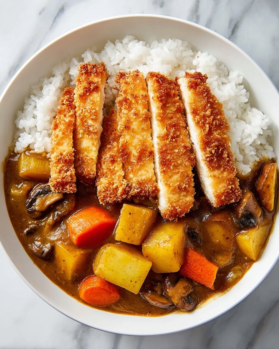 A white bowl filled with a bed of fluffy white rice on one side, topped with five golden-brown breaded chicken strips arranged parallel and close to each other, showing the white inside of the chicken. Next to the rice, there is a thick brown curry sauce with large chunks of orange carrots, yellow potatoes, and pieces of mushrooms, all mixed into the sauce with a slightly glossy texture. The whole bowl is sitting on a white marbled surface. photo taken with an iphone --ar 4:5 --v 7