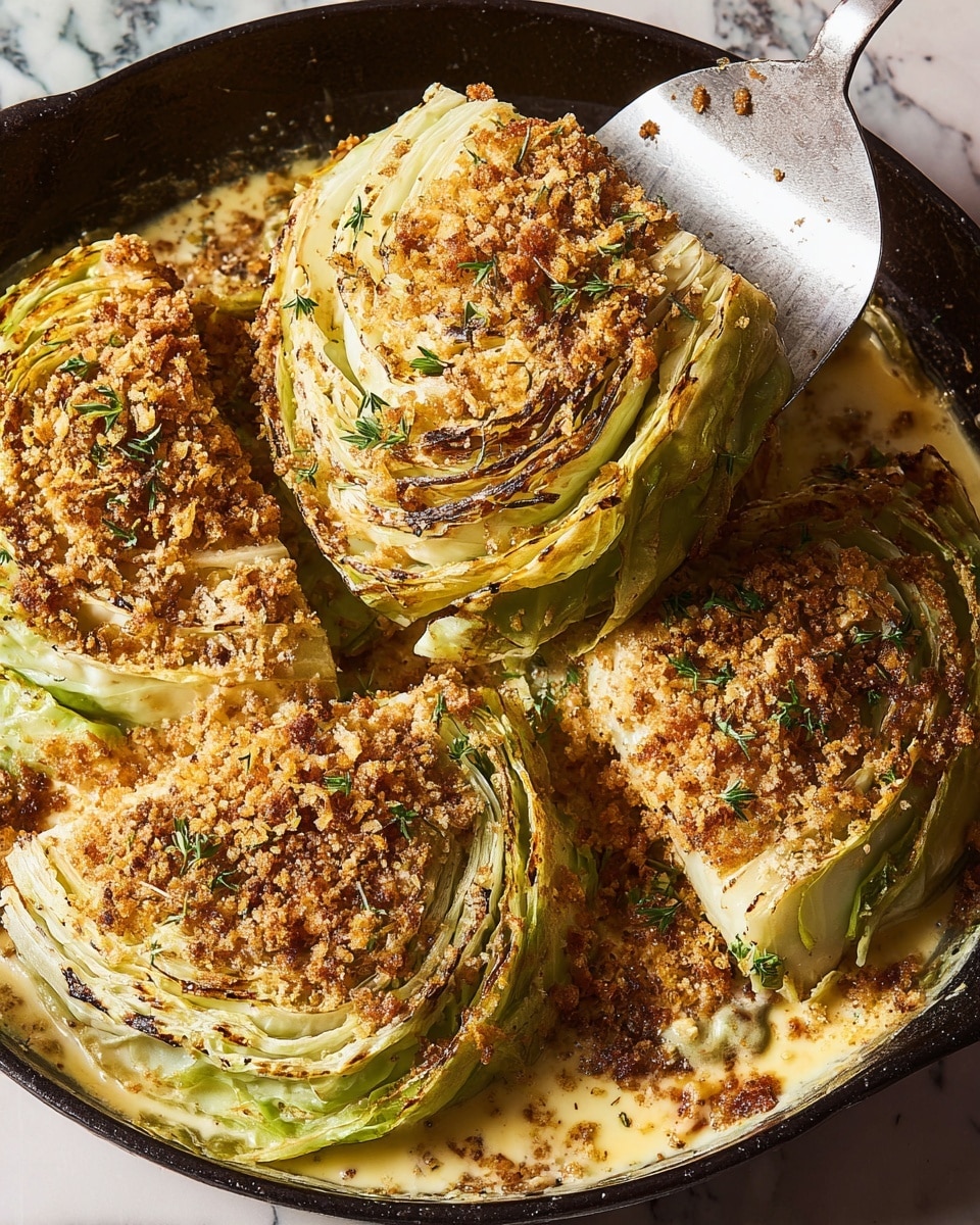 A close-up of a serving spoon lifting a thick wedge of baked cabbage gratin from a black pan, showing three clear layers: the top layer is golden brown with crispy breadcrumbs and herbs; the middle layer is soft, melted, creamy cheese that stretches in strings as it is lifted; the bottom layer is tender green cabbage leaves, slightly translucent and cooked through. The cabbage gratin has a textured, crunchy top and smooth, gooey cheese beneath, all contained in the pan with more cabbage wedges visible in the background, set on a white marbled surface. photo taken with an iphone --ar 4:5 --v 7