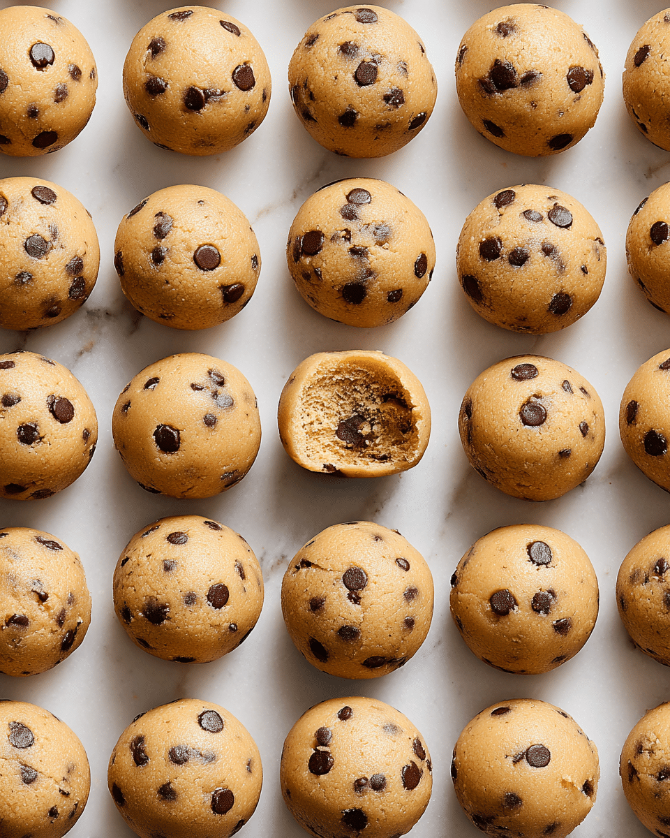 A close-up image shows many round dough balls made with light brown dough mixed with dark brown chocolate chips spread randomly on the smooth surface. Each ball has an uneven texture with small chocolate chips visible on the surface. One dough ball in the middle is broken slightly, revealing a soft, crumbly light brown inside with embedded chocolate chips. The background is a white marbled texture, adding a clean look to the warm-colored dough balls. Photo taken with an iphone --ar 4:5 --v 7
