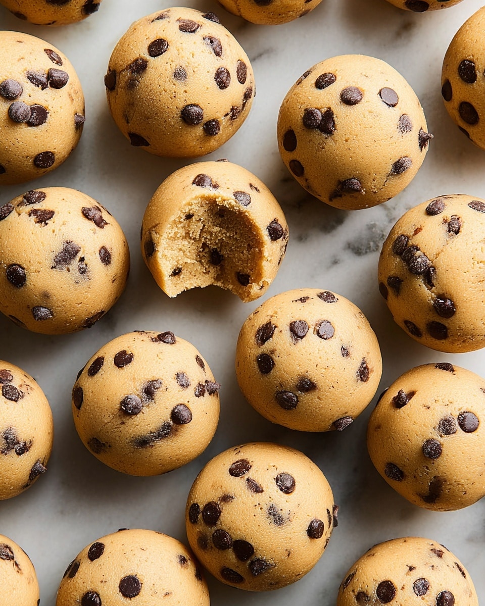 The image shows a neat grid of 35 round cookie dough balls arranged in five rows and seven columns on a white marbled surface. Each dough ball is light brown with visible dark chocolate chips embedded all around. One of the dough balls near the center has a bite taken out, revealing a soft, dense inside with more chocolate chips. The dough balls have a smooth, slightly shiny texture and are evenly spaced with consistent size and shape photo taken with an iphone --ar 4:5 --v 7