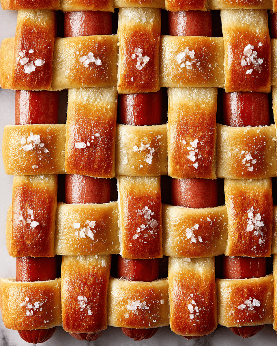 This image shows a close-up view of a woven lattice made from small hot dogs wrapped with golden-brown dough strips arranged in a grid pattern. There are five rows and five columns of hot dogs aligned horizontally and vertically, each hot dog tightly wrapped with dough bands that show a shiny, toasted texture topped with coarse salt crystals. The hot dogs are a rich reddish color with a slightly glossy surface, while the dough strips contrast with a light golden tan, soft-looking with some darker toasted edges. The pattern is very neat and evenly spaced, all placed on a smooth white marbled surface. photo taken with an iphone --ar 4:5 --v 7