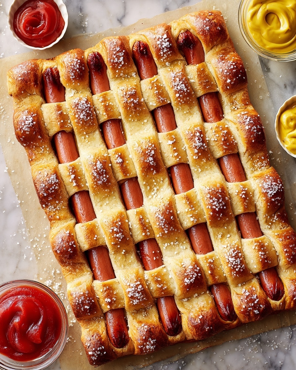 A rectangular lattice made of golden-brown baked dough strips woven over and under six warm, reddish-brown hot dogs arranged in parallel rows. The dough strips are thick and fluffy with a slightly shiny surface, topped with coarse salt flakes that add texture. The lattice edges are bordered with a thicker dough frame, also golden and sprinkled with salt. The hot dogs peek through evenly spaced gaps, showing a smooth, cooked texture. The lattice is placed on a white marbled surface with a small white bowl of bright red ketchup at the bottom left and another white bowl of yellow mustard on the right side. Photo taken with an iphone --ar 4:5 --v 7