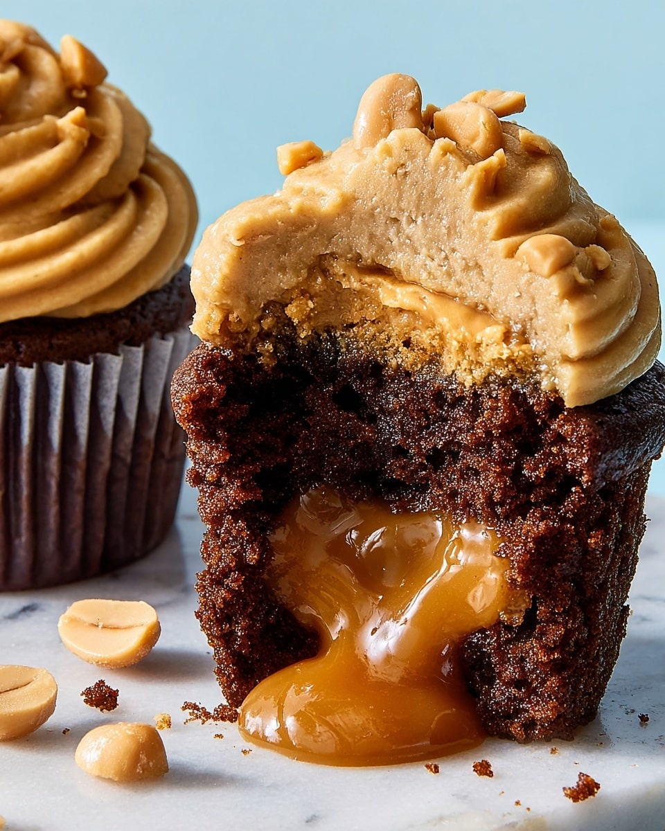 The image shows a chocolate cupcake cut in half on a white marbled surface, revealing three layers: the bottom layer is a moist, crumbly dark brown cake, the middle layer is a thick, glossy caramel sauce oozing out, and the top layer is a thick, creamy peanut butter frosting with a light tan color and a smooth, slightly textured surface decorated with small peanut pieces. To the left, there is a whole cupcake in a dark brown wrapper with the same frosting on top, piped in a swirl. Pieces of peanuts are scattered near the cut cupcake. The background is a light blue color. Photo taken with an iphone --ar 4:5 --v 7