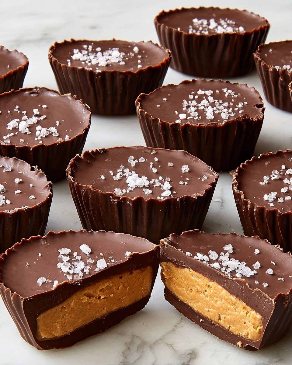 The image shows multiple chocolate peanut butter cups arranged closely on a white marbled surface. Each cup has three layers: a smooth, shiny dark brown chocolate layer on top sprinkled with coarse white sea salt flakes, a thick, dense creamy peanut butter layer of golden tan color in the middle, and a dark chocolate base layer holding the structure. The sides of the chocolate cups have a ridged texture, creating a scalloped edge around each one. Two cups in the front are cut in half, clearly showing the thick peanut butter layer inside surrounded by the rich chocolate shell. The overall look is rich, smooth, and inviting. photo taken with an iphone --ar 4:5 --v 7
