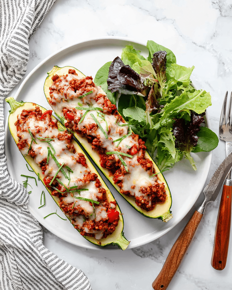 Two stuffed zucchinis sit side by side on a white plate, each zucchini half topped with a layer of chunky reddish-brown meat sauce mixed with small pieces of red bell pepper, then covered with melted white cheese sprinkled with thin strips of bright green fresh herbs. On the right side of the plate, there is a small pile of mixed leafy greens in shades of green and purple, adding a fresh contrast. The plate rests on a white marbled surface, with a striped cloth napkin to the left and wooden-handled cutlery to the right. Photo taken with an iphone --ar 4:5 --v 7