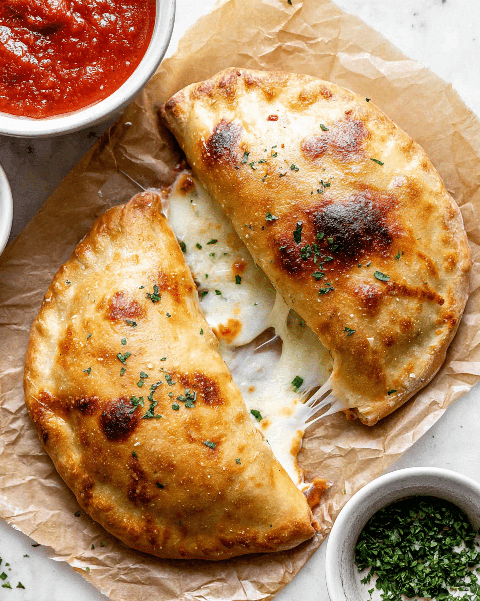 The image shows a baked calzone that is cut in half to reveal a gooey layer of melted cheese pulling between the two pieces. The outside of the calzone has a golden-brown crust with some darker, toasted spots and small green herb flakes sprinkled on top. The calzone sits on crinkled parchment paper over a white marbled surface. To the top left is a white bowl filled with thick red marinara sauce, and to the bottom right is a white bowl containing chopped green herbs. The overall look is warm and inviting with a focus on the soft, cheesy interior and crispy outside. Photo taken with an iphone --ar 4:5 --v 7