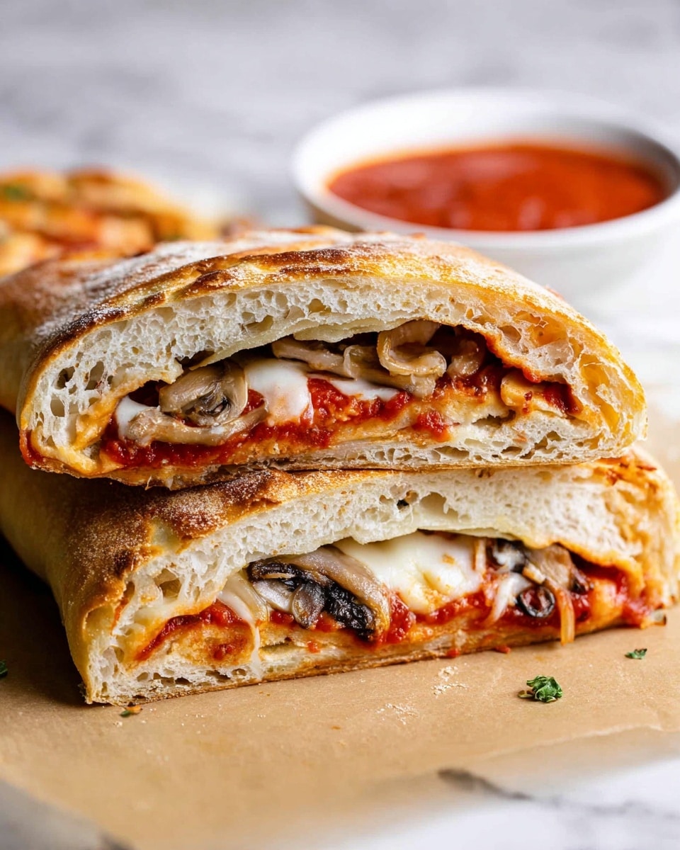A calzone is cut in half to show its inside layers, stacked on top of each other on a piece of light brown parchment paper. The top layer of bread is golden brown with a slightly crisp texture, while the bottom bread layer is light beige and soft. Inside the calzone, there is a thick red tomato sauce layer on top of melted white cheese, followed by a middle layer of cooked mushroom slices and small bits of onion, and more melted cheese just beneath the bread. Behind the calzone halves, a white bowl filled with more red tomato sauce is partly visible, set on a white marbled surface. Photo taken with an iphone --ar 4:5 --v 7