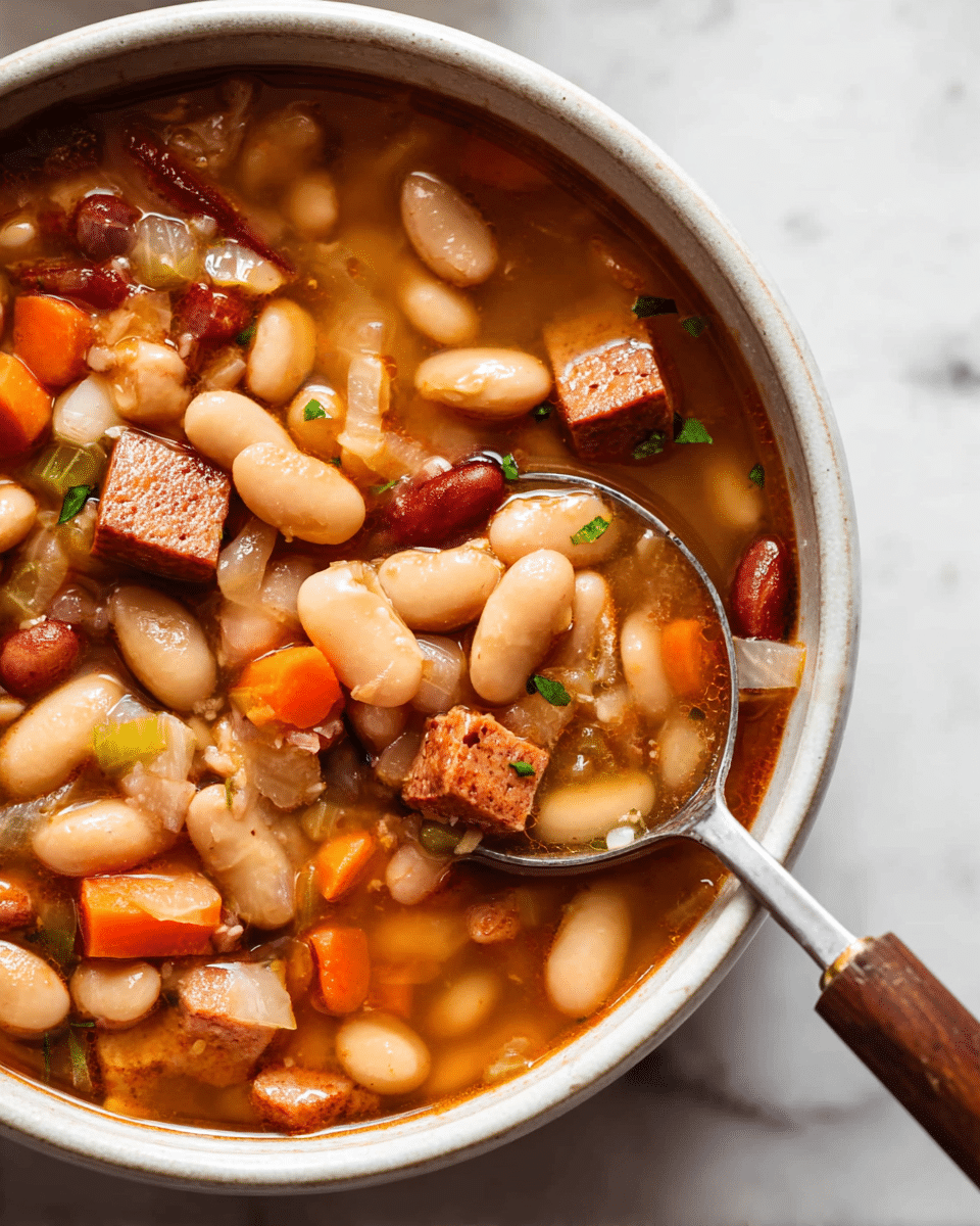 A close-up view of a white bowl filled with thick bean soup. The soup shows multiple layers including soft, cooked beans in shades of creamy white, light brown, and reddish-brown scattered throughout. Orange carrot chunks are mixed in among the beans along with small green herb pieces. There are also medium-sized cubes of browned tofu or meat substitute, giving a firm texture contrast. The broth is clear to light brown with a slightly glossy surface. A metallic spoon with a wooden handle rests inside the bowl, holding a mix of beans, carrot, and tofu chunks. The bowl sits on a white marbled texture. photo taken with an iphone --ar 4:5 --v 7