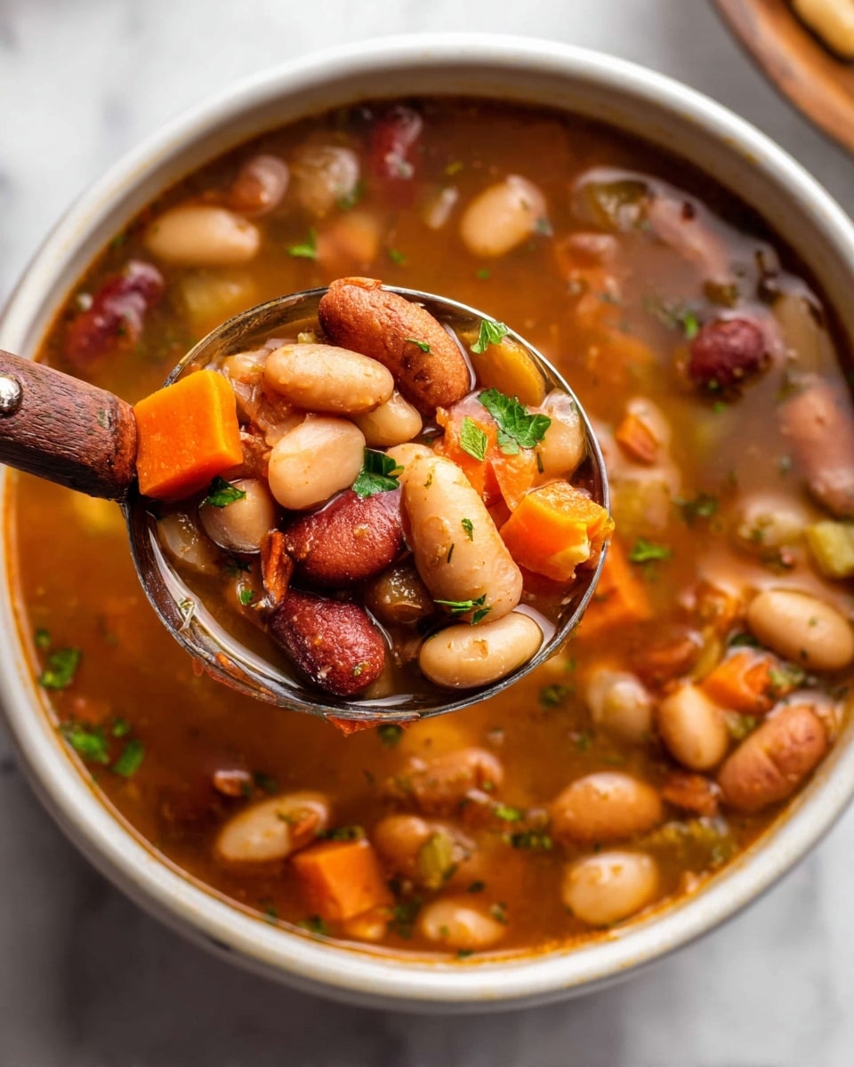 A close-up view of a white bowl filled with thick mixed bean soup, showing at least four layers: the base layer of clear brown broth, a layer of mixed beans in various colors like white, brown, and reddish, scattered orange carrot cubes adding bright spots throughout, and small green herb pieces sprinkled on top. A spoon with a wooden handle holds a mix of beans, carrot pieces, and herbs above the bowl, resting inside the soup, all placed on a white marbled surface. photo taken with an iphone --ar 4:5 --v 7