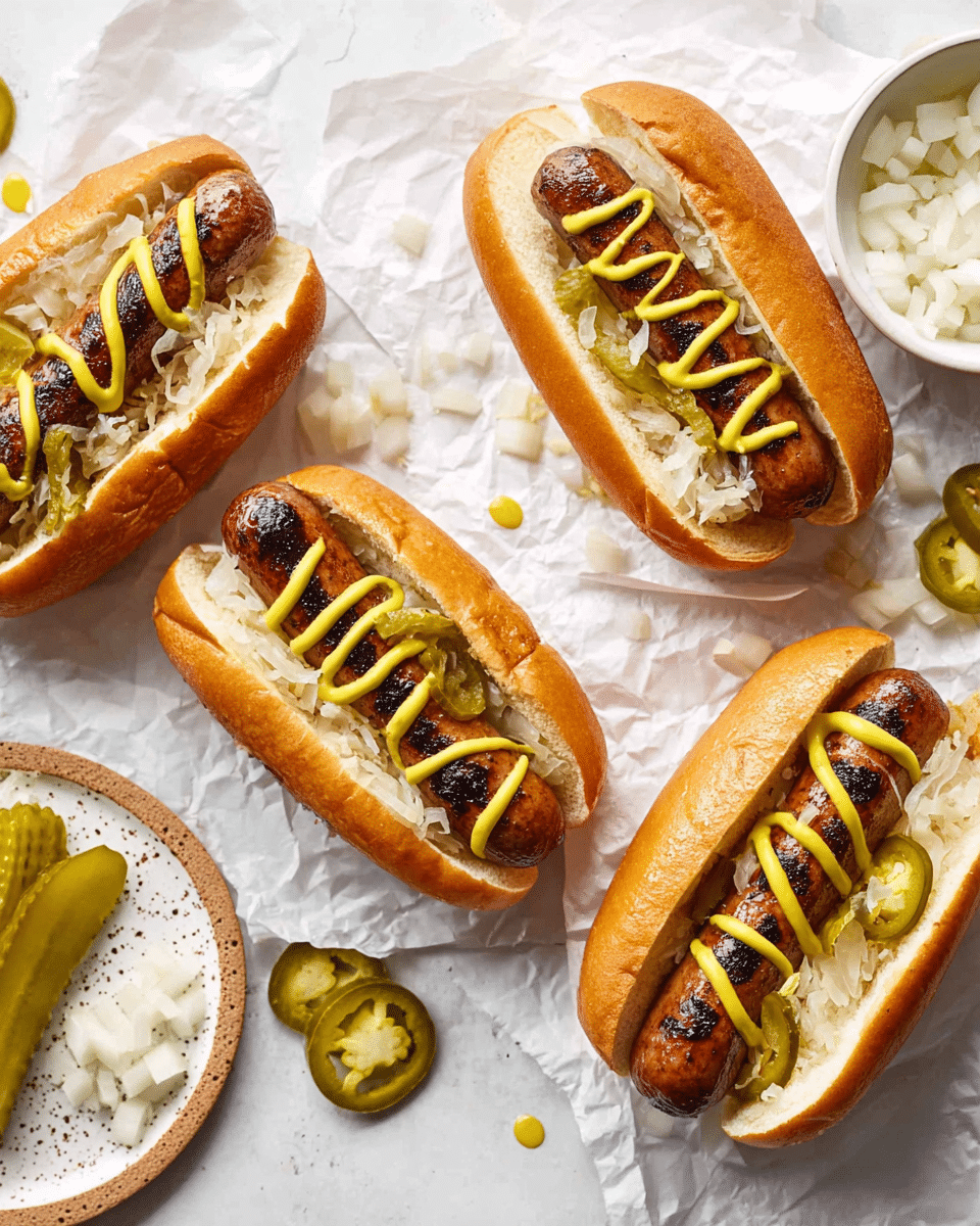 The image shows two hot dogs placed on a light wooden board against a white marbled texture background. Each hot dog has a soft golden-brown bun with a grilled sausage inside. The bottom bun layer is topped with white shredded sauerkraut, followed by the sausage in the middle. On top of the sausage are round green jalapeño slices, and a zigzag line of yellow mustard is drizzled over everything. Around the board, more jalapeño slices and pickle spears are scattered, and there are additional plain white buns in the background. photo taken with an iphone --ar 4:5 --v 7