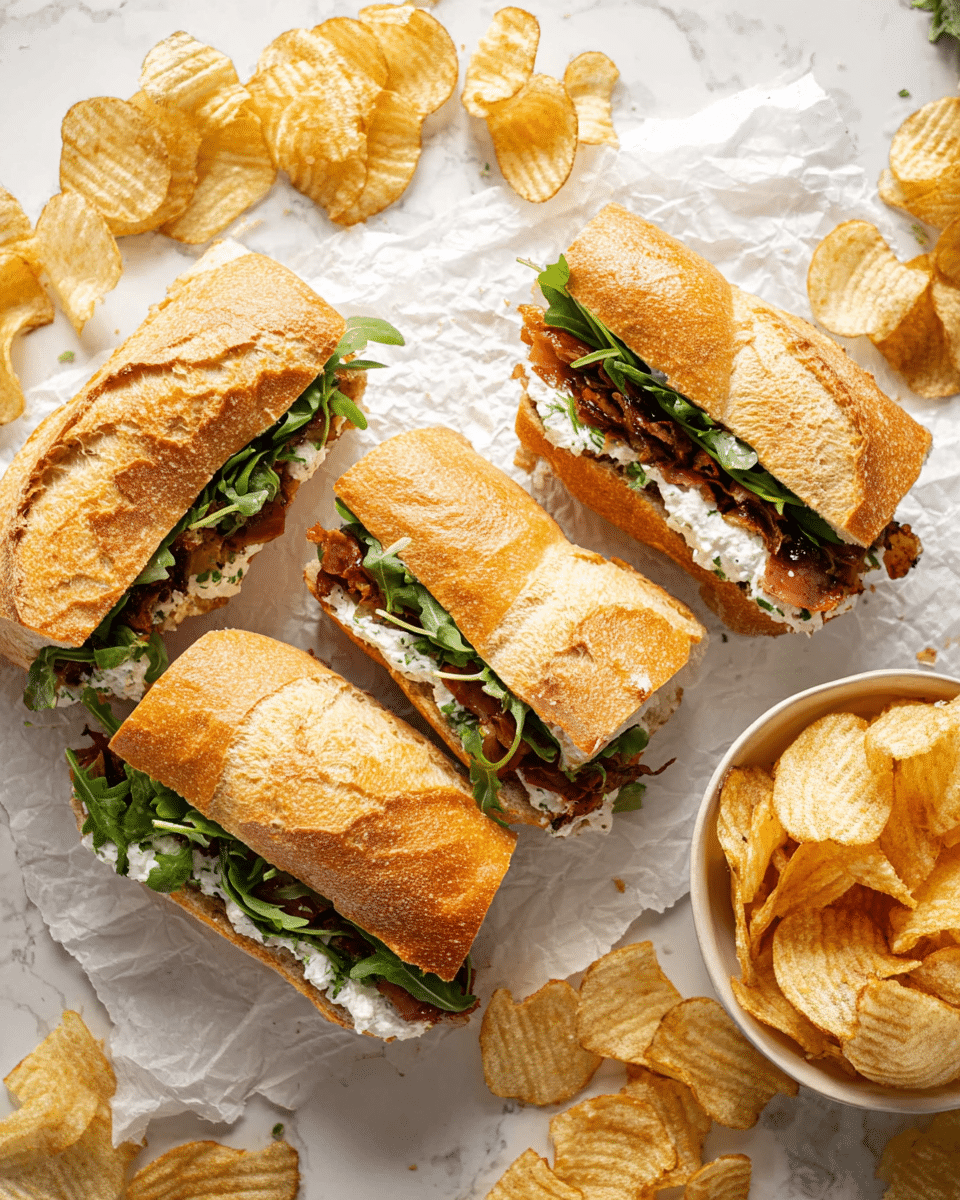 The image shows four halves of a sandwich made with crusty golden-brown baguette bread, each cut to reveal three layers: a green leafy layer of fresh arugula, a spread of white creamy cheese, and a mixture of cooked dark brown caramelized onions with finely chopped herbs or sun-dried tomatoes. The sandwiches rest on white parchment paper placed on a white marbled surface, scattered with thin, crispy, pale golden potato chips. In the top right corner, a white bowl holds more potato chips. photo taken with an iphone --ar 4:5 --v 7
