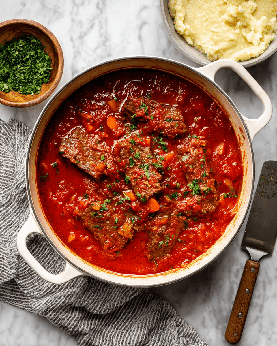A round bowl with two main layers fills the frame: one side with creamy, smooth mashed potatoes, light beige in color with a few small lumps and sprinkled with green parsley bits, and the other side with a thick, rich red tomato-based sauce covering chunks of meat and diced orange carrots, also topped with some green herbs. The bowl sits on a white marbled surface, with part of another white bowl and golden forks blurred in the background, and a dark gray cloth partly visible at the bottom left. photo taken with an iphone --ar 4:5 --v 7