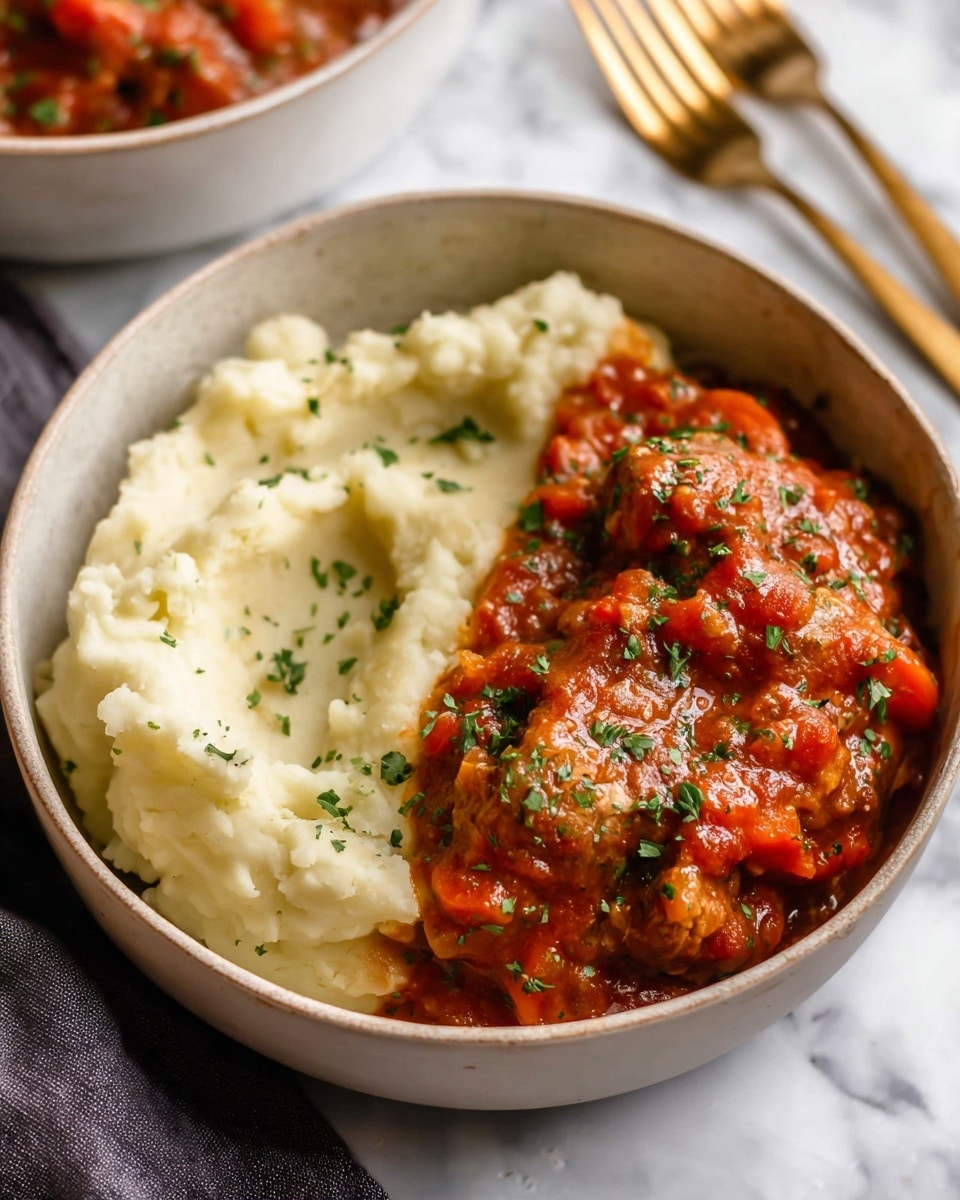 A white pot filled with thick red tomato sauce containing six pieces of cooked beef layered evenly inside, with visible bits of diced orange carrots and green herbs mixed throughout the sauce. The surface of the sauce glistens with oil and is garnished with small green herb leaves scattered on top. To the left of the pot is a small wooden bowl with chopped green herbs, and below that a bowl of creamy mashed potatoes. The pot is placed on a white marbled surface with a grey and white striped cloth wrapped partly under the right handle of the pot. A spatula with a wooden handle and grey blade lies on the right side of the image. photo taken with an iphone --ar 4:5 --v 7
