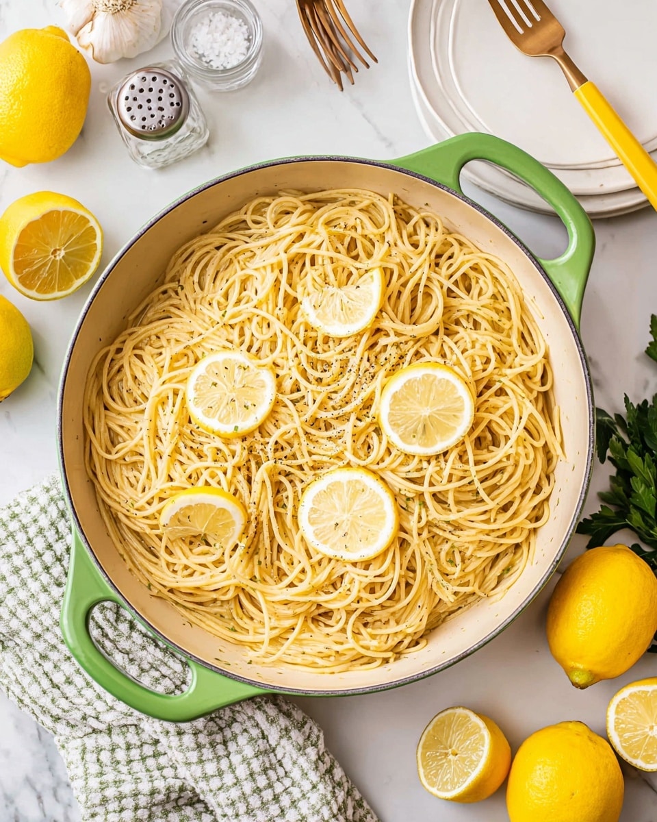 A white plate filled with a single layer of long, light yellow spaghetti noodles tossed with small pieces of yellow lemon zest and sprinkled with black pepper. On top, there are four thin, round lemon slices arranged in a half-circle along the upper edge of the noodles. The plate sits on a white marbled surface surrounded by whole and sliced lemons, a garlic bulb, some green herbs, a folded white cloth with green stripes, and a pan with more spaghetti visible on the left side. Photo taken with an iphone --ar 4:5 --v 7