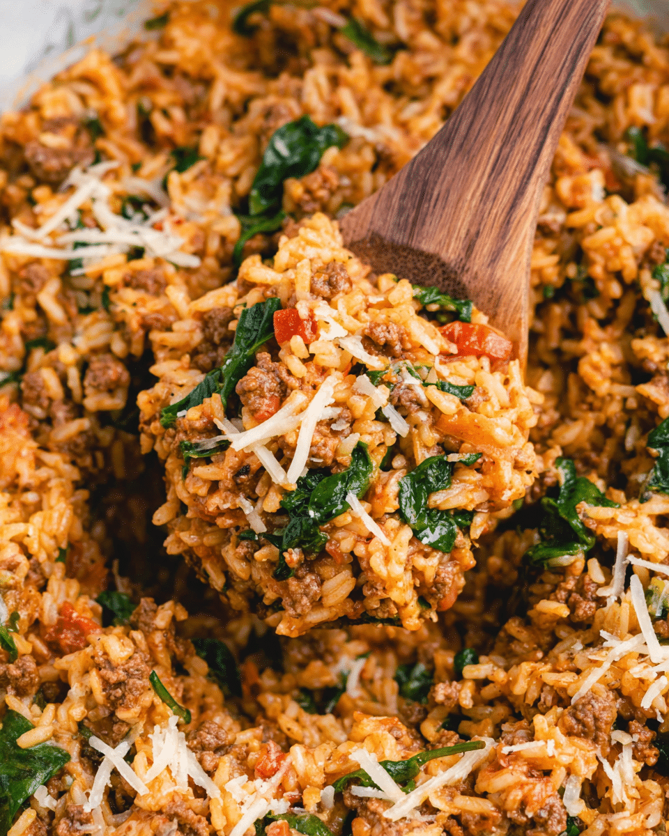A close-up of a single-layer cooked rice dish mixed with ground meat, tomato bits, wilted dark green spinach leaves, and shreds of white cheese scattered throughout; the rice is orange-tinted, likely from sauce or seasoning, with a slightly moist and chunky texture. A wooden spoon is scooping a portion of the mixture, showing the different ingredients together, resting on a white marbled surface in the background. photo taken with an iphone --ar 4:5 --v 7