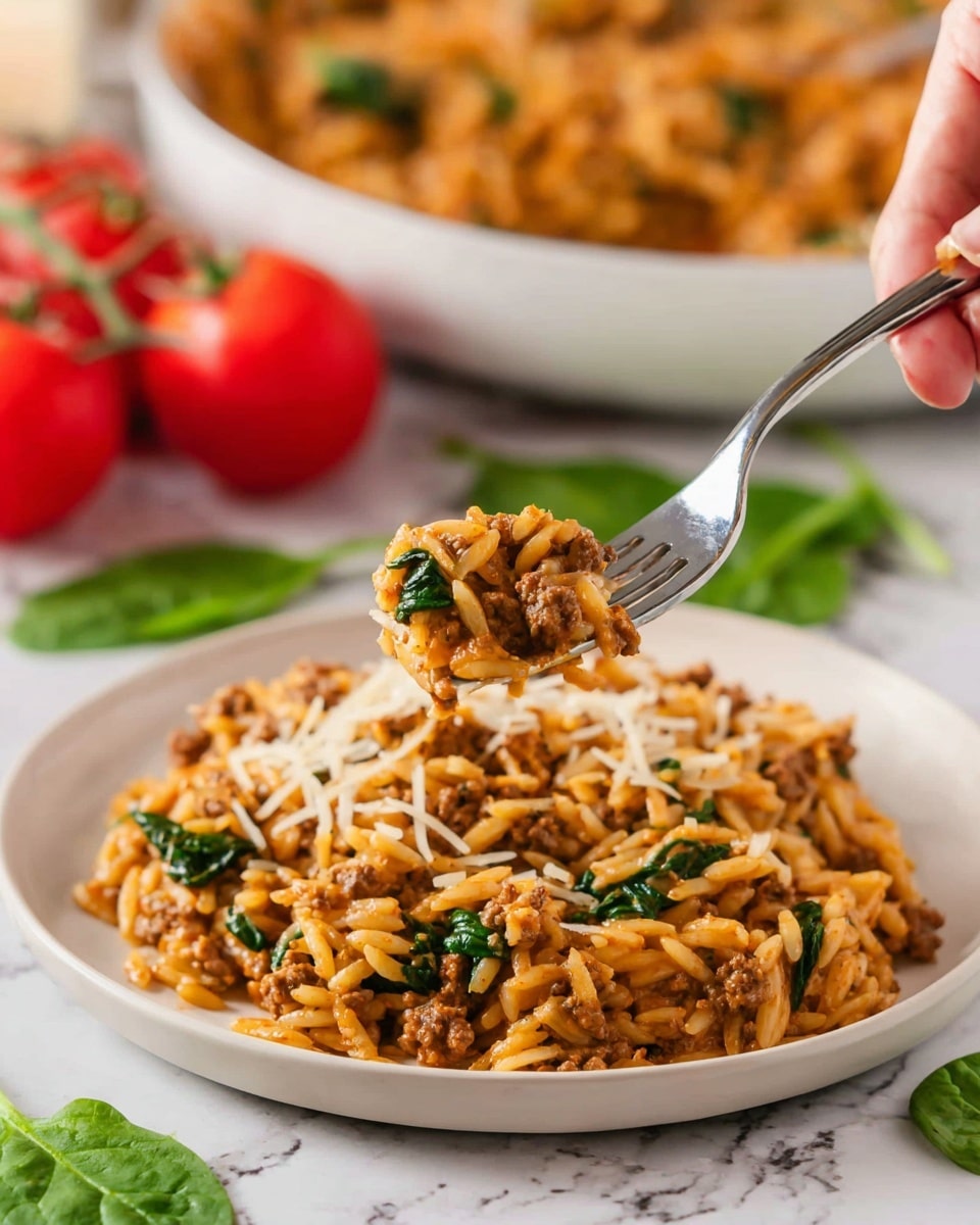 A white plate holds a single-layer serving of a creamy, orange-brown orzo pasta mixed with browned ground meat and spinach leaves, creating a mix of soft textures and green bursts throughout. On top, small shredded cheese pieces add light color and texture. A woman's hand holds a fork, lifting a bite-sized portion of the orzo and meat mixture from the plate. Behind, a white bowl filled with more of the same dish is slightly out of focus, with fresh red tomatoes and green spinach scattered on the white marbled background around the plate. photo taken with an iphone --ar 4:5 --v 7