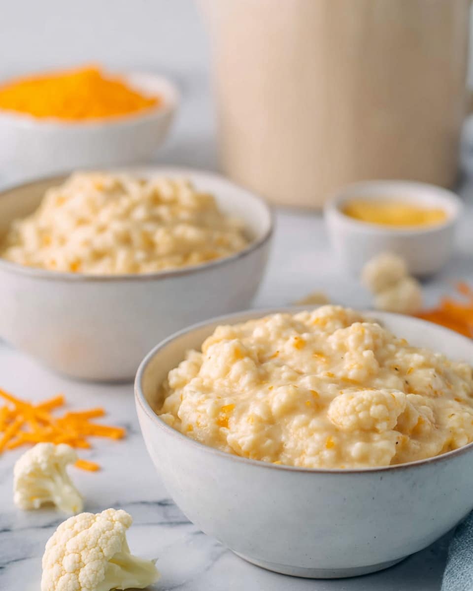 The image shows two white bowls filled with a creamy, pale yellow dish that has a soft, lumpy texture, with small pieces visible throughout, likely cauliflower mixed in a cheese sauce. The bowls are placed on a white marbled surface, with some small cauliflower florets and thin orange cheese strips scattered nearby. In the blurred background, there is a large white container with a beige liquid inside and two small white bowls, one holding shredded yellow cheese and the other with a yellow condiment. The focus is on the front bowl, highlighting the thick and smooth texture of the dish. Photo taken with an iphone --ar 4:5 --v 7