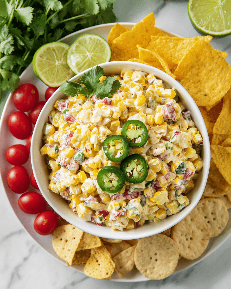 A white bowl filled with a corn salad made of yellow corn kernels mixed with red and green bits of vegetables, coated in a creamy dressing, topped with fresh green cilantro leaves and a small wedge of lime on the side. On the edge of the bowl, three bright green jalapeño slices are placed for garnish. The bowl sits on a white plate scattered with yellow corn chips and light brown round crackers. Around the plate, there are several bright red cherry tomatoes, a halved lime, and a bunch of fresh green cilantro, all set against a white marbled surface. Photo taken with an iphone --ar 4:5 --v 7