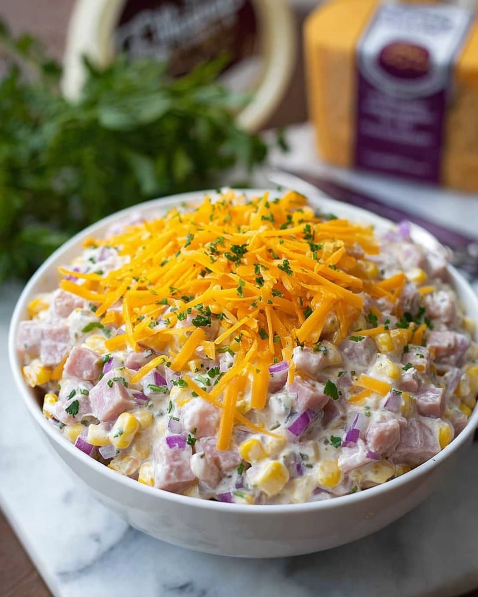 A white bowl filled with a creamy salad that has three main layers visible: the base layer is creamy with a mix of pale yellow corn kernels and light pink diced ham, scattered evenly throughout. On top of this is a layer of small chopped purple onion pieces mixed with green chopped herbs that add color contrast. The top shredded layer consists of bright orange cheddar cheese strips spread loosely, with a sprinkle of finely chopped green herbs over all layers. The bowl is placed on a white marbled surface with some blurred greenery and a cheese package in the background. photo taken with an iphone --ar 4:5 --v 7