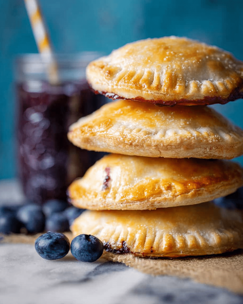 A stack of four golden-brown hand pies with slightly crispy, lightly browned edges is placed on a white marbled surface. Each hand pie has a rounded, slightly dome shape with a soft, flaky texture, and some show hints of berry filling peeking through small gaps. Around the base of the stack are fresh blueberries scattered, adding a pop of deep blue color. In the background, a glass jar filled with dark purple-blue blueberries and a straw is softly blurred. photo taken with an iphone --ar 4:5 --v 7