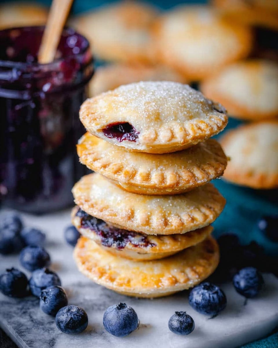 A stack of five round, golden-brown hand pies is centered on a white marbled surface, each pie showing a crimped edge and slight sugar sparkle on top, with small openings revealing dark purple blueberry filling. Around the base of the stack, fresh round blueberries are scattered, adding deep blue contrast. To the left, a glass jar filled with blueberry jam has a wooden spoon resting inside, hinting at the pie's filling. Additional hand pies blur softly in the background, creating depth. The overall look is warm, inviting, and rustic. photo taken with an iphone --ar 4:5 --v 7
