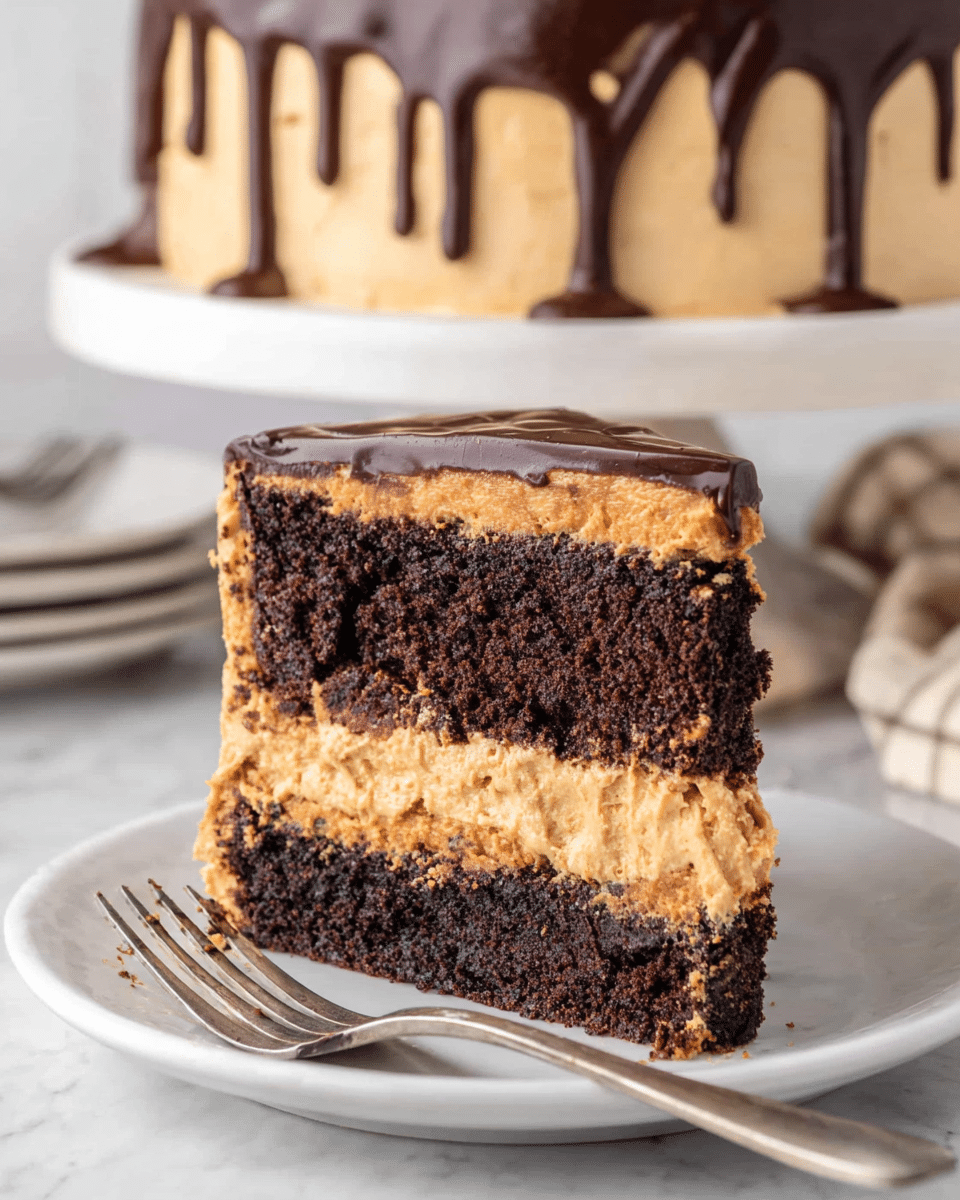A slice of three-layer cake sits on a white plate with a fork beside it; the bottom and top layers are dark brown, moist chocolate cake with a slightly crumbly texture, while the middle layer is thick, creamy, and light tan in color, resembling peanut butter or a similar flavored filling. The top surface of the slice is coated with a smooth, shiny dark chocolate ganache that slightly drips down the edges. In the background, the full cake is visible with the same layers, covered in a smooth light tan frosting and topped with dark chocolate ganache dripping down its sides. The scene is set on a white marbled surface. photo taken with an iphone --ar 4:5 --v 7