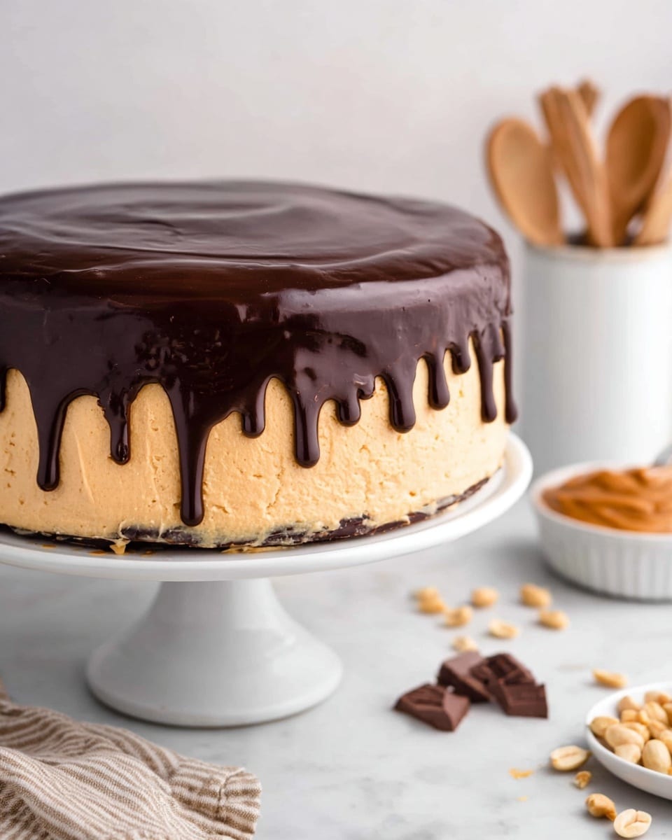 A tall, round cake with two main layers stands on a white cake stand, placed on a white marbled surface. The bottom thick layer is smooth and creamy with a light caramel or peanut butter color and texture, slightly rough but even. On top, a thick glossy dark chocolate ganache layer covers the cake, dripping slightly over the edges in rich, uneven drops that shine under soft light. In the background, there is a white container holding wooden utensils, and a small white bowl filled with peanut butter next to scattered peanuts and chocolate pieces. photo taken with an iphone --ar 4:5 --v 7