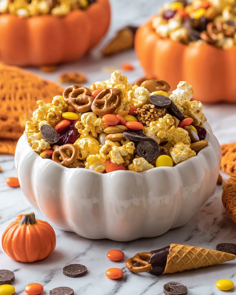 A white pumpkin-shaped bowl is filled with a colorful mix of snack items including yellow caramel popcorn, small orange and yellow candy-coated chocolates, pretzels, nuts, and mini ice cream cone-shaped treats with dark filling visible inside. Around the bowl on a white marbled surface lie a small orange pumpkin candy and some scattered chocolate pieces and candies. In the blurred background, there are similar pumpkin-shaped bowls filled with more snack pieces. The image is bright and warm with a festive vibe. photo taken with an iphone --ar 4:5 --v 7